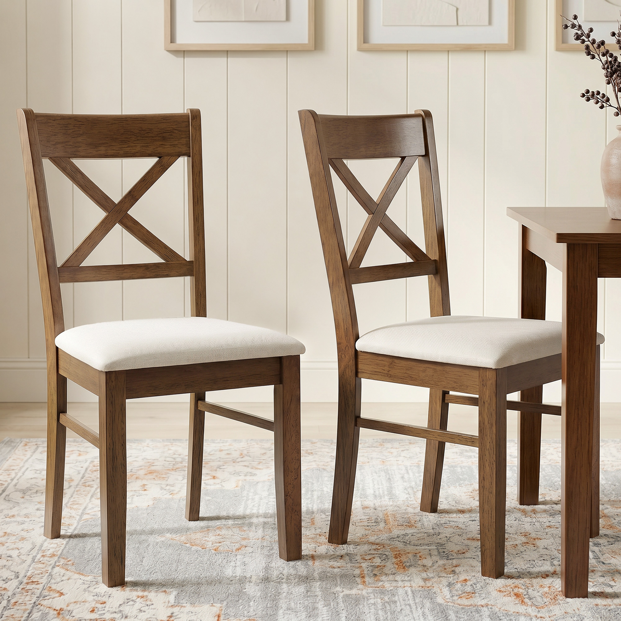 Dining Chairs Set of 2, Upholstered Kitchen Chairs with Rubberwood Frame, Padded Seat and X-Back, Walnut (Drop Shipping Only, Not for Amazon)