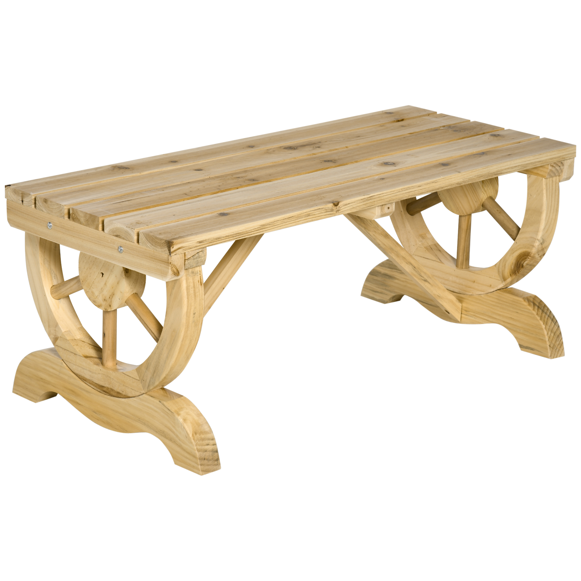 2-Person Garden Bench Rustic Wooden Outdoor Bench with Wheel-Shaped Legs Slatted Seat for Patio Natural Wood Effect (Drop Shipping Only, Not for Amazon)