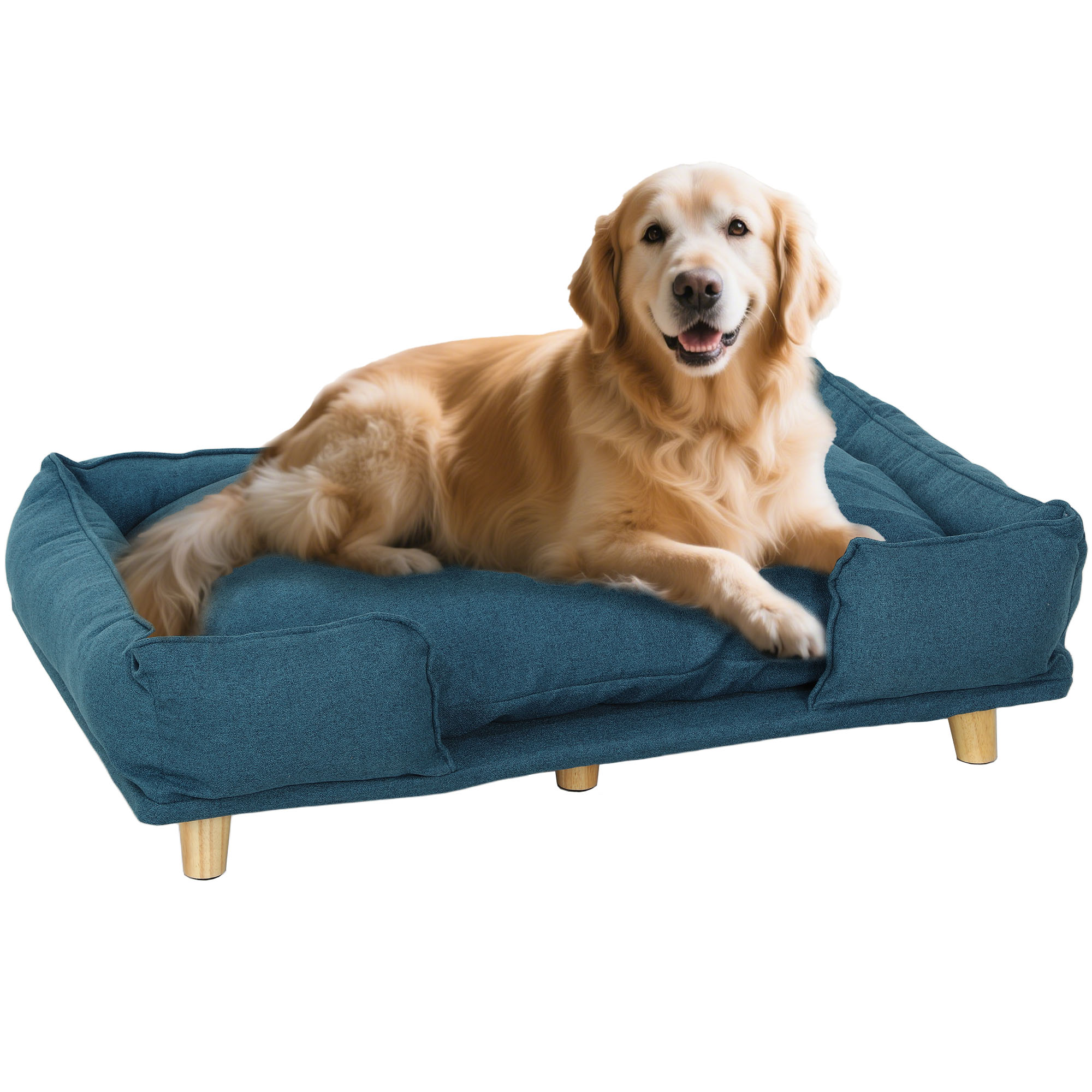 Raised Dog Couch with Comfortable Cushion, Pine Wood Legs, Foot Pads for Large-Sized Dogs Indoor Use, Dark Blue (Drop Shipping Only, Not for Amazon)