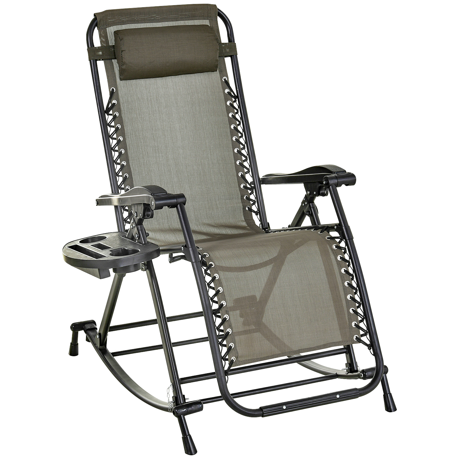 Outdoor Rocking Chairs, Foldable Reclining Zero Gravity Lounge Rocker with Pillow, Cup & Phone Holder, Combo Design with Folding Legs, Black (Drop Shipping Only, Not for Amazon)