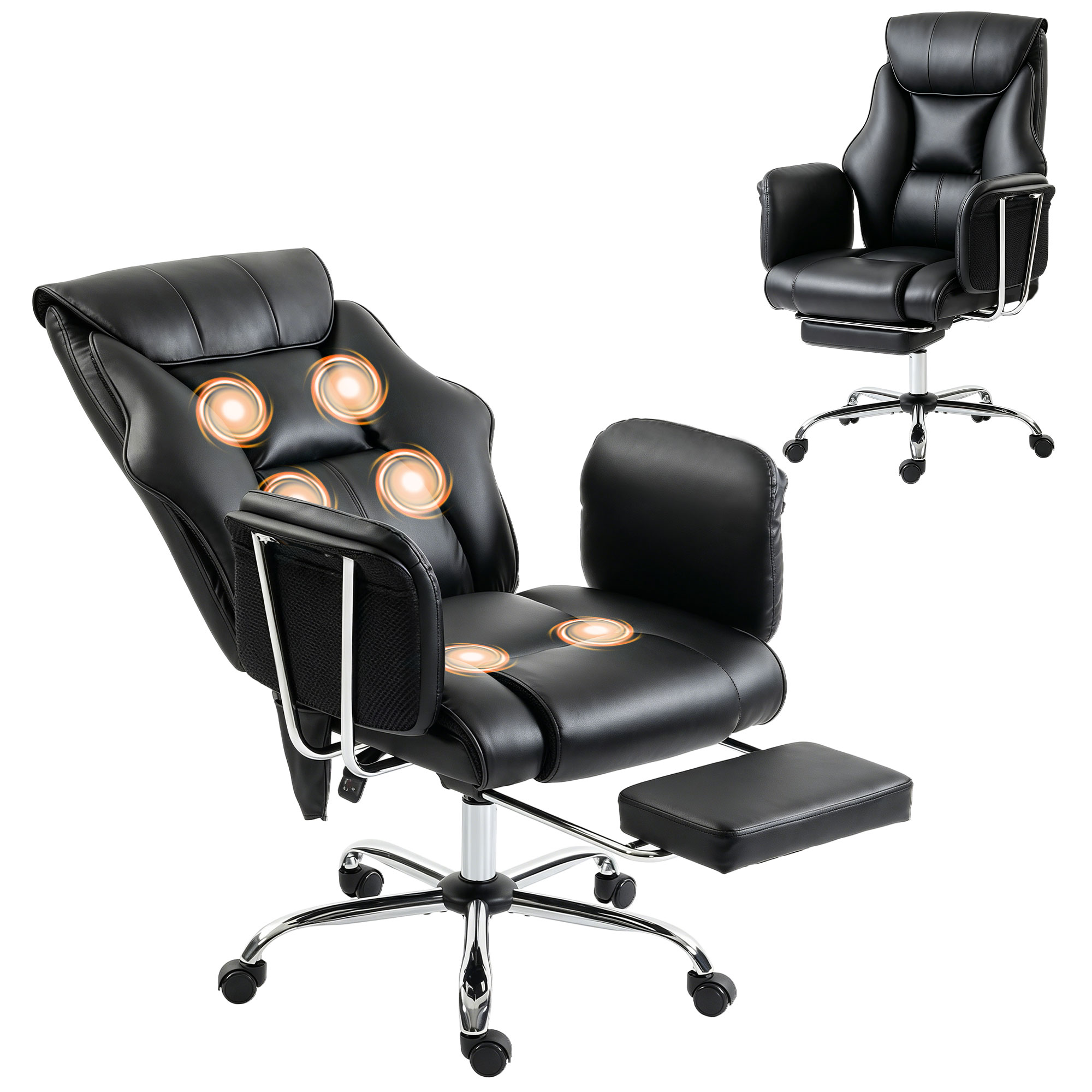 Massage Office Chair with 6 Points Vibration, Executive Desk Chair with High Back, PU Leather, Footrest, Black (Drop Shipping Only, Not for Amazon)