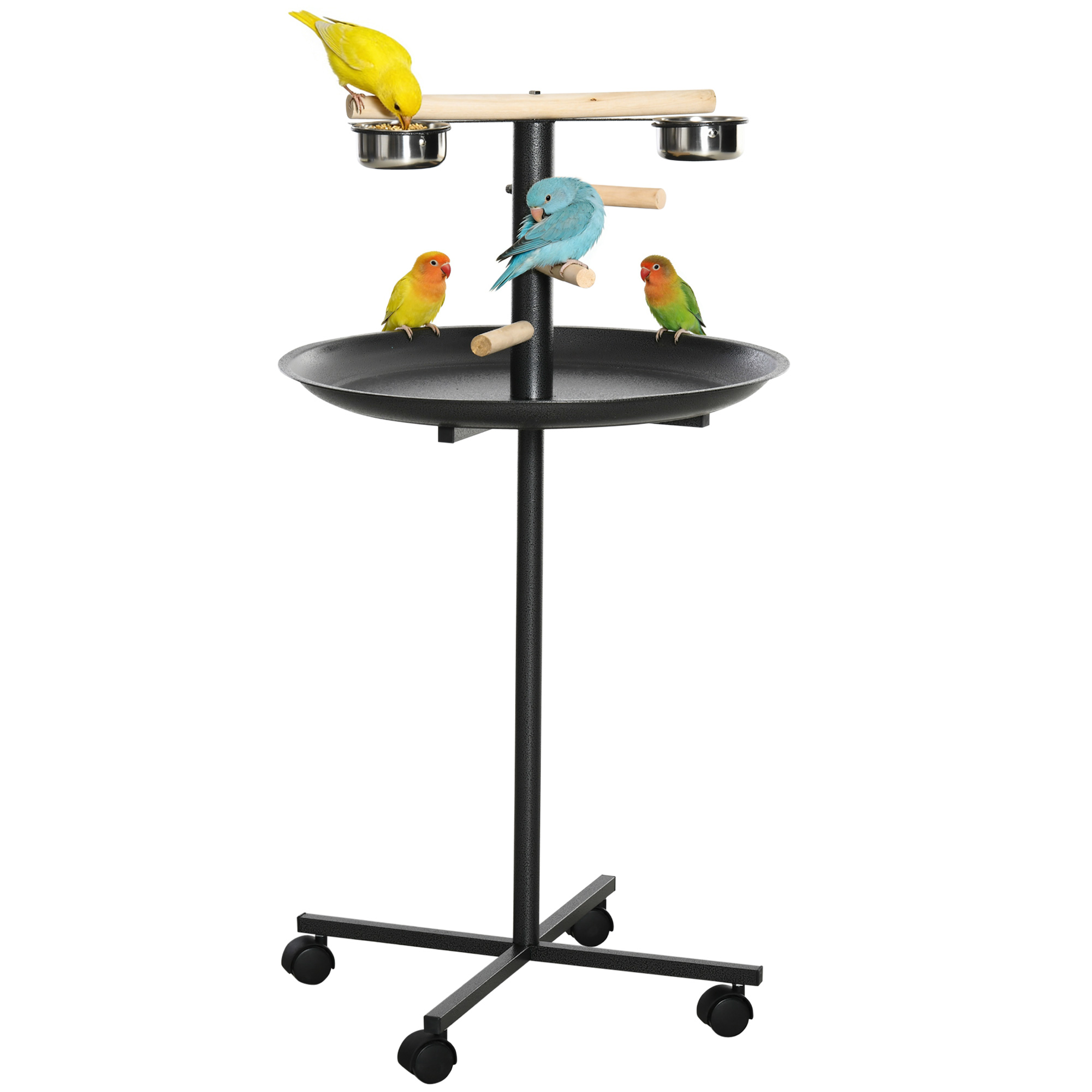 Portable Bird Play Stand, Parrot Perch Bird Feeder Station with Wheels, Stainless Steel Feeding Bowls, Tray, Gray (Drop Shipping Only, Not for Amazon)