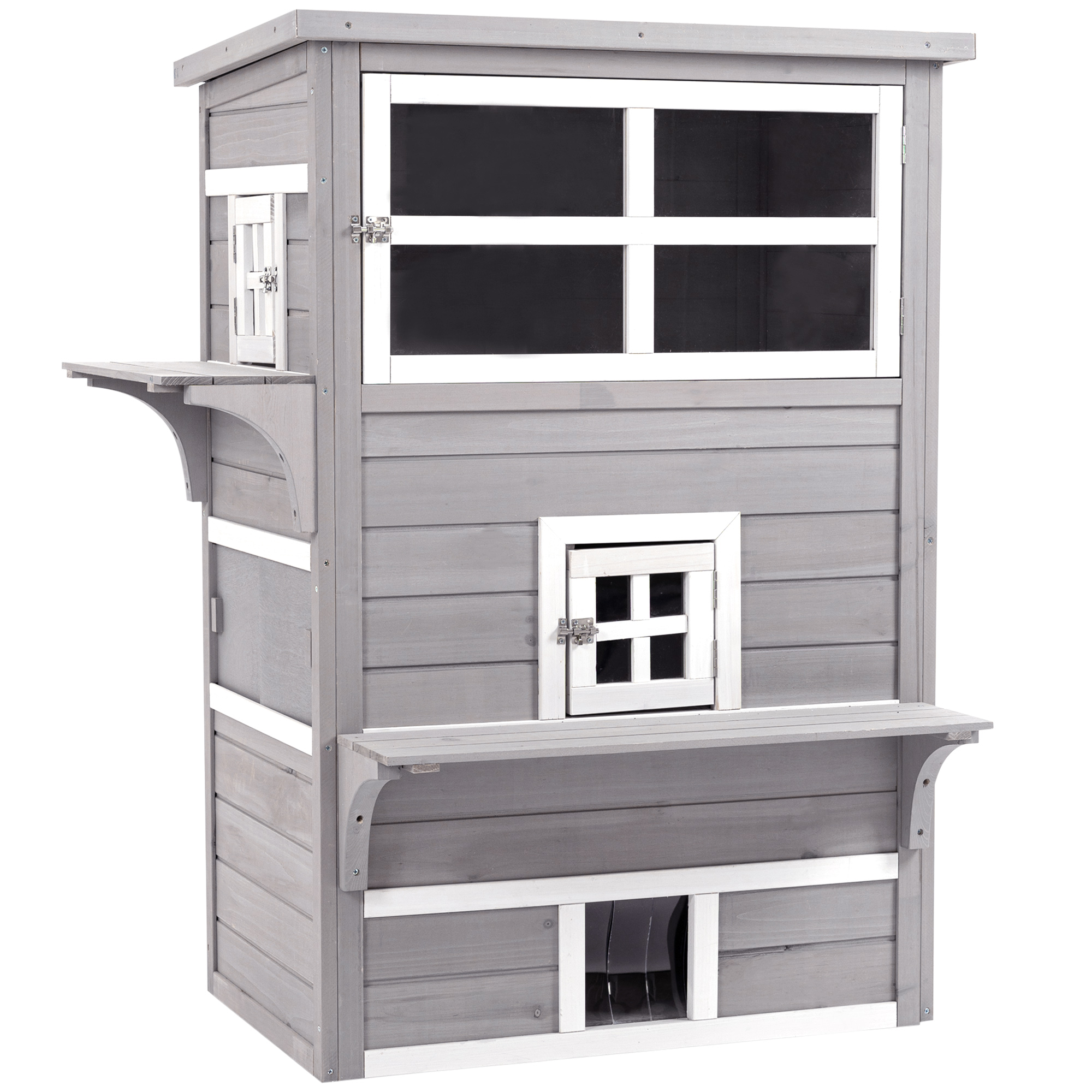 Three-Tier wooden Kitten Shelter, Outdoor Cat House, with Jumping Platforms, Asphalt Roof, Doors - Grey (Drop Shipping Only, Not for Amazon)