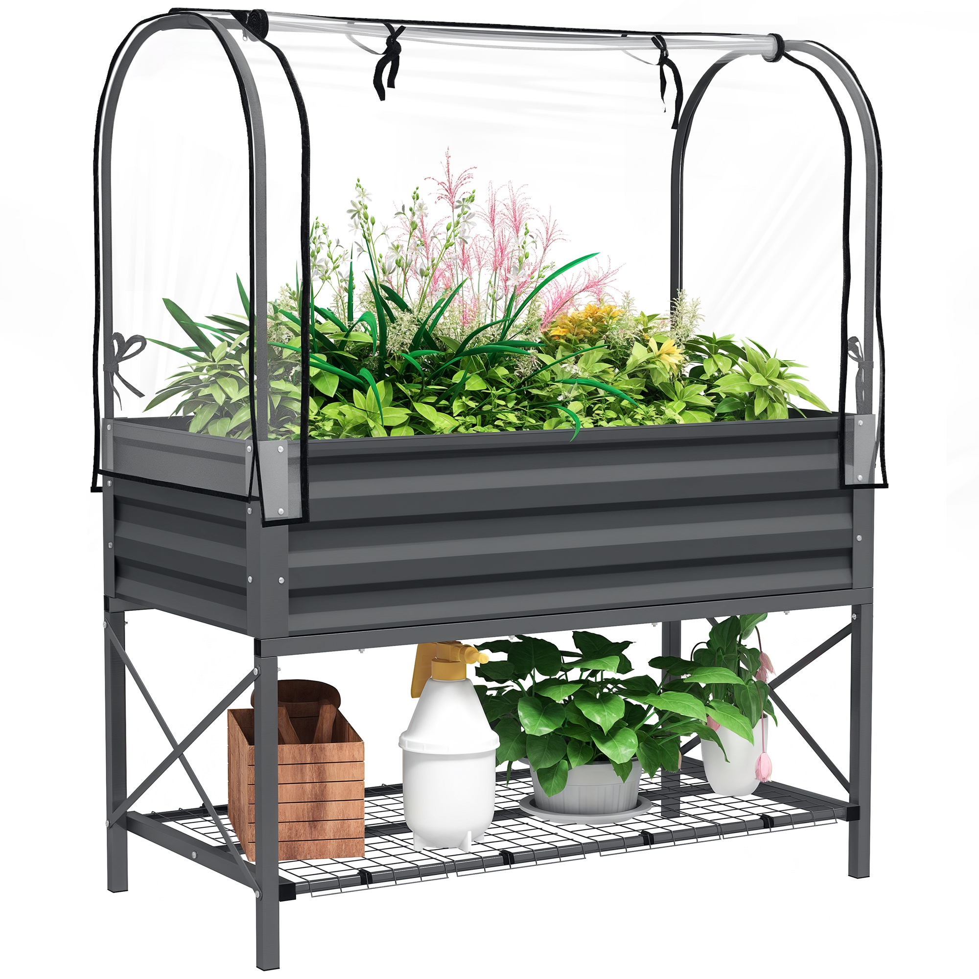 Raised Garden Bed with Legs and Cover, Metal Elevated Planter Box with Bottom Shelf and Liner for Vegetables, Brown (Drop Shipping Only, Not for Amazon)