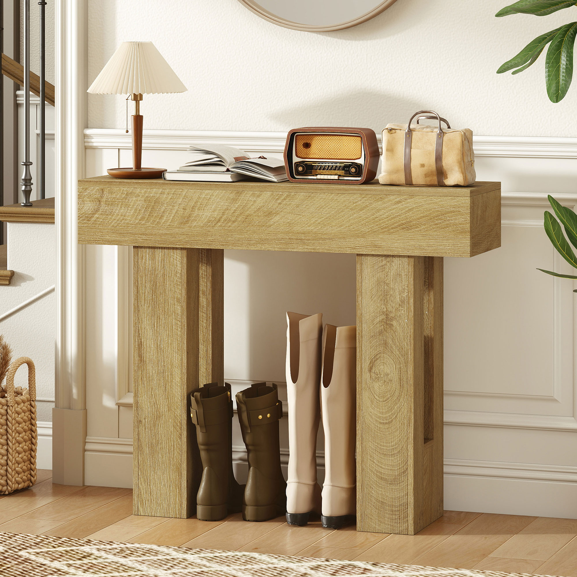 42 Inch Console Table, Sofa Table Behind the Couch with Thickened Tabletop for Living Room, Hallway, Entrance, Oak (Drop Shipping Only, Not for Amazon)
