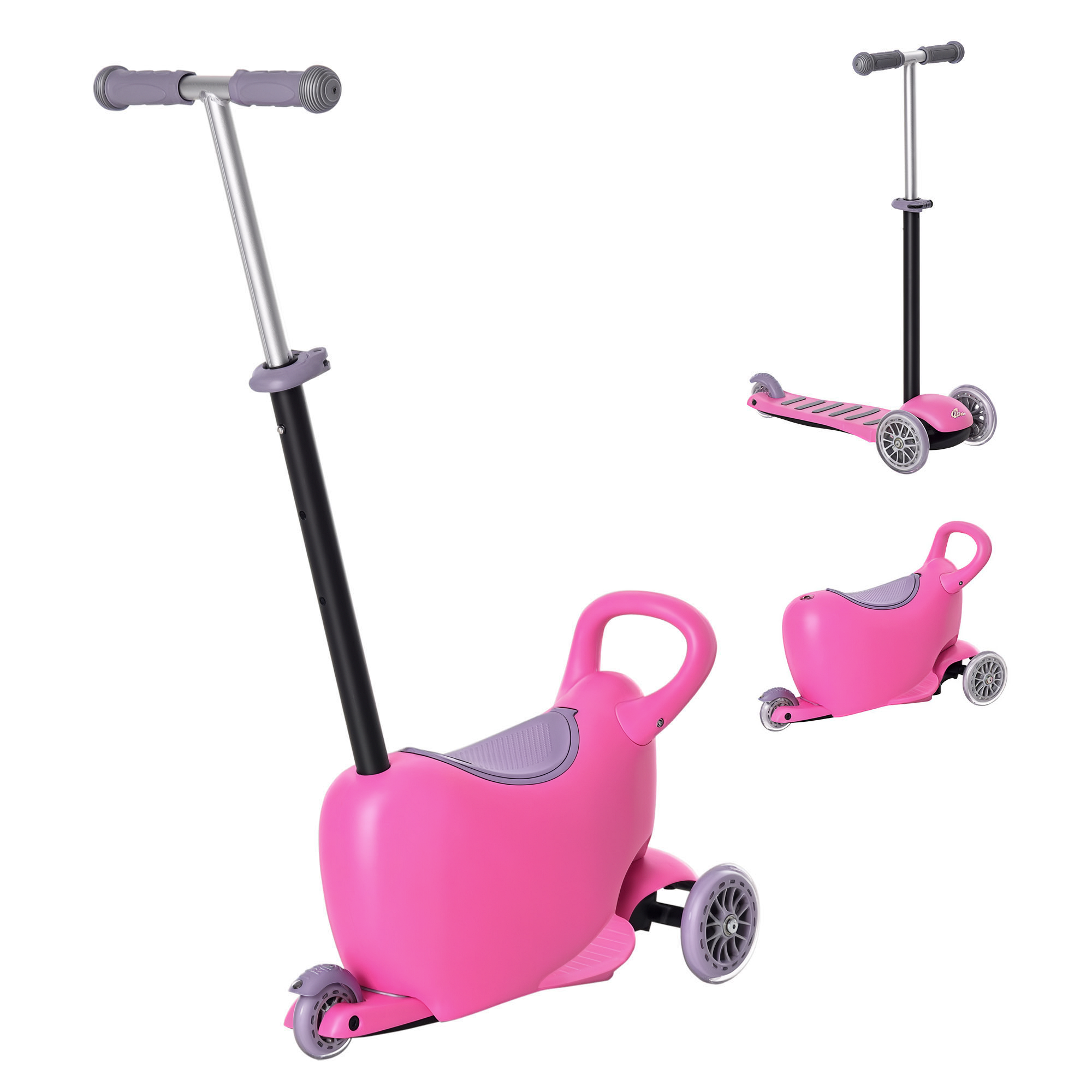 Qaba 3-in-1 Ride On Push Car, Kids Scooter, Sliding Walker, Push Rider, with Adjustable Handlebar, 3 Balanced Wheels, Removable Storage Seat, for Boys and Girls Aged 2-6 Years Olds, Pink (Drop Shipping Only, Not for Amazon)