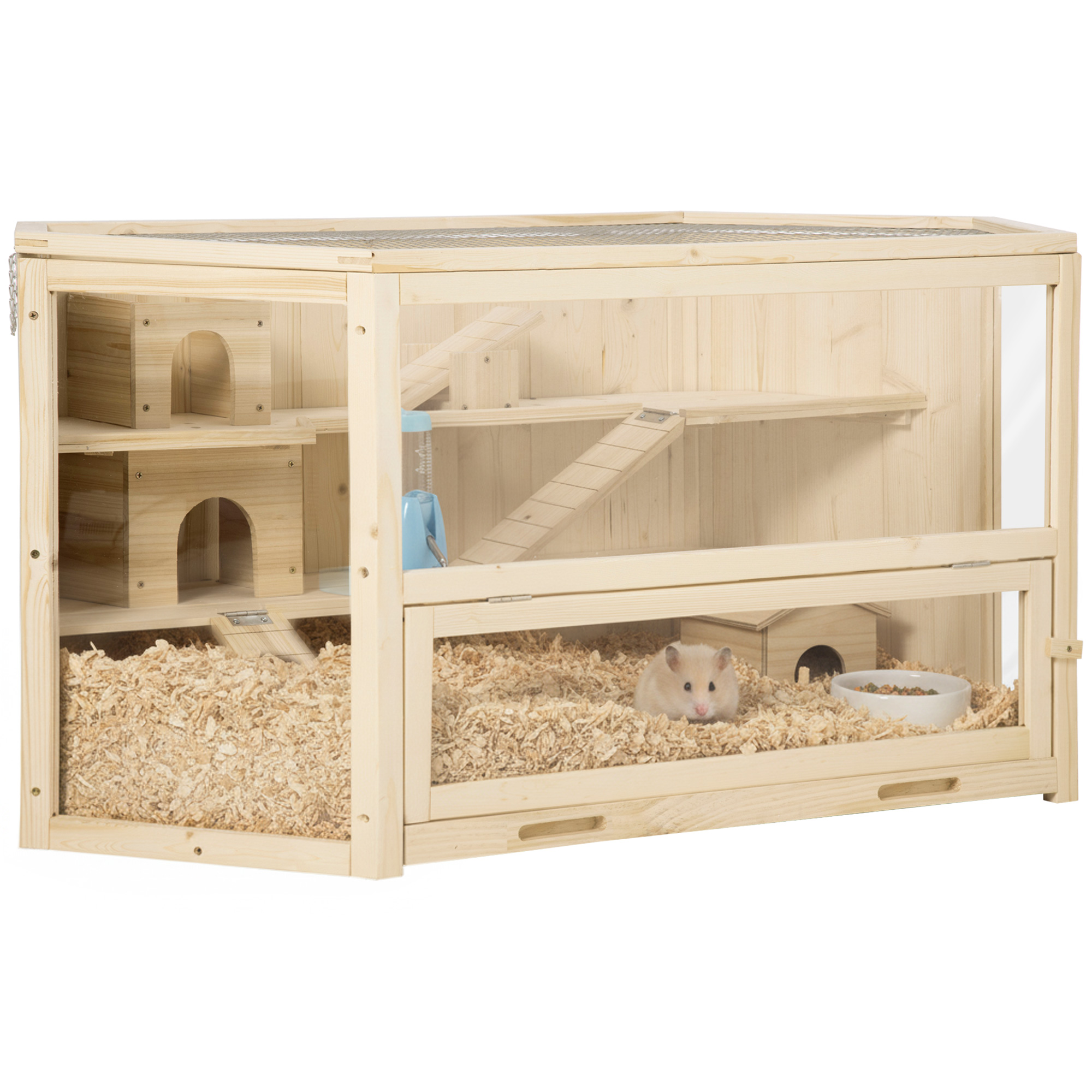 3 Tier Wooden Large Hamster Cage with Sliding Tray, Seesaws, Water Bottle, Natural (Drop Shipping Only, Not for Amazon)