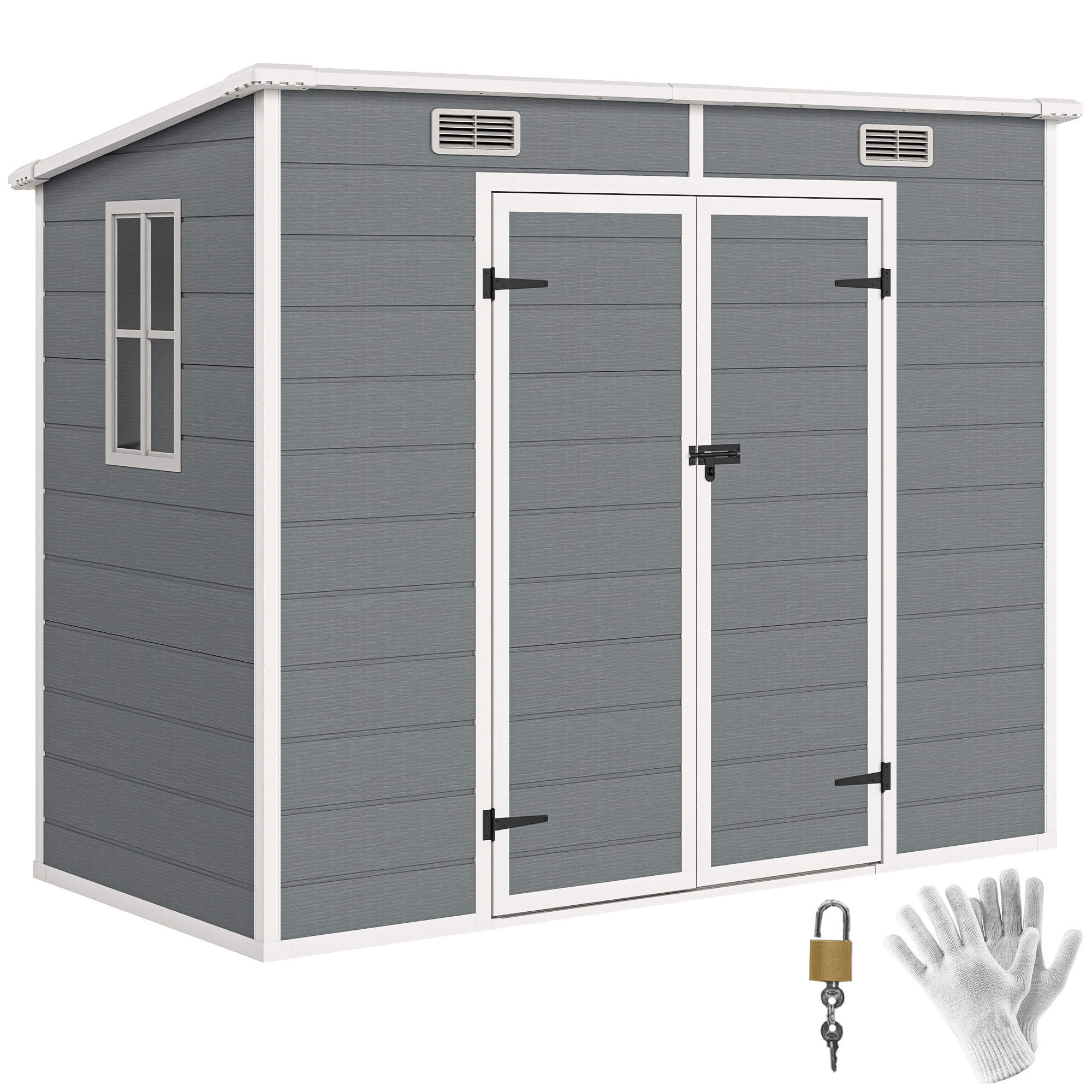8' x 4' Plastic Outdoor Storage Shed with Floor, Window, Lockable Doors and Vents for Backyard Patio Lawn, Gray (Drop Shipping Only, Not for Amazon)