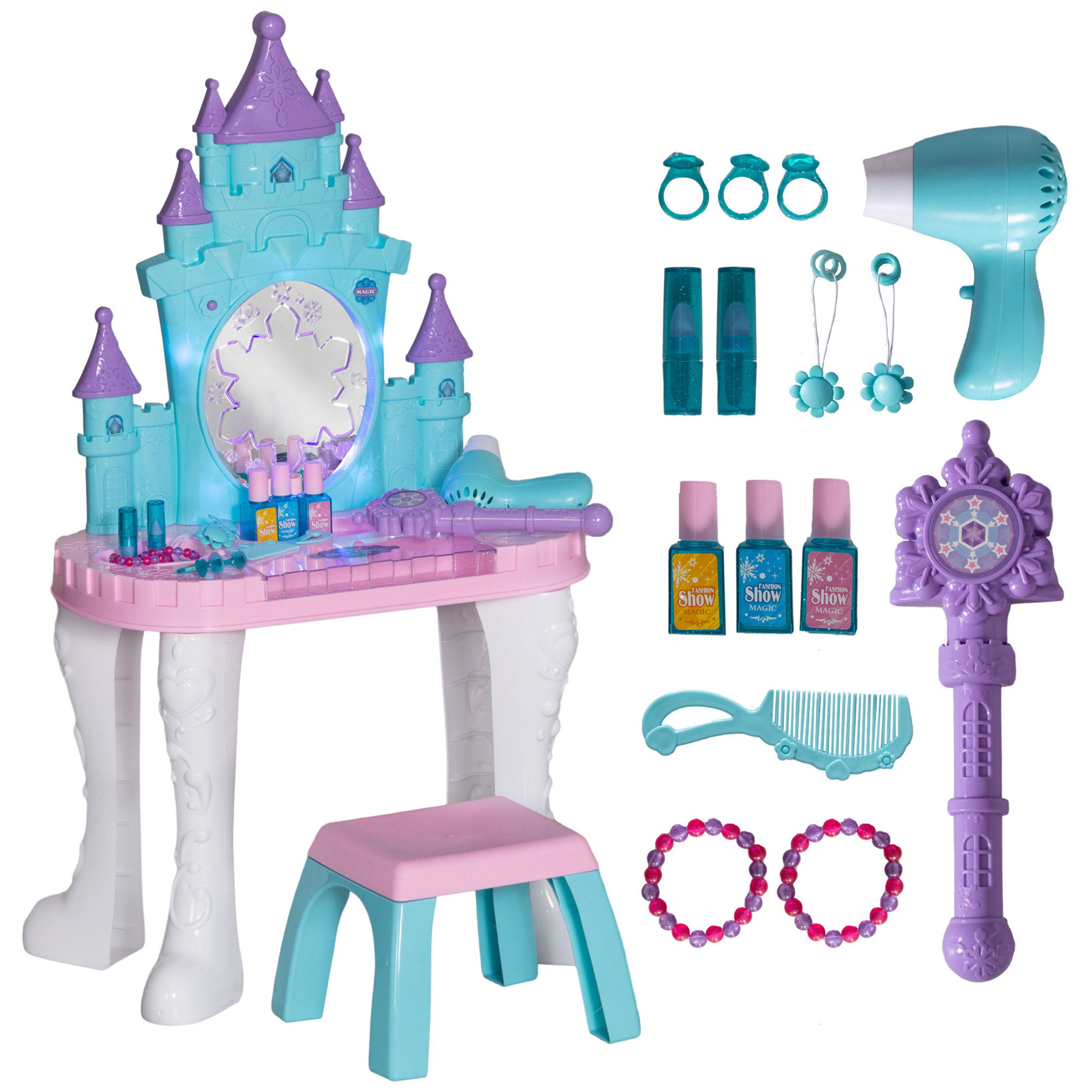 Kids Vanity Set with Mirror and Stool, Light, Music, Castle Design Makeup Table for Girls 3-6 Years, Multicolor (Drop Shipping Only, Not for Amazon)