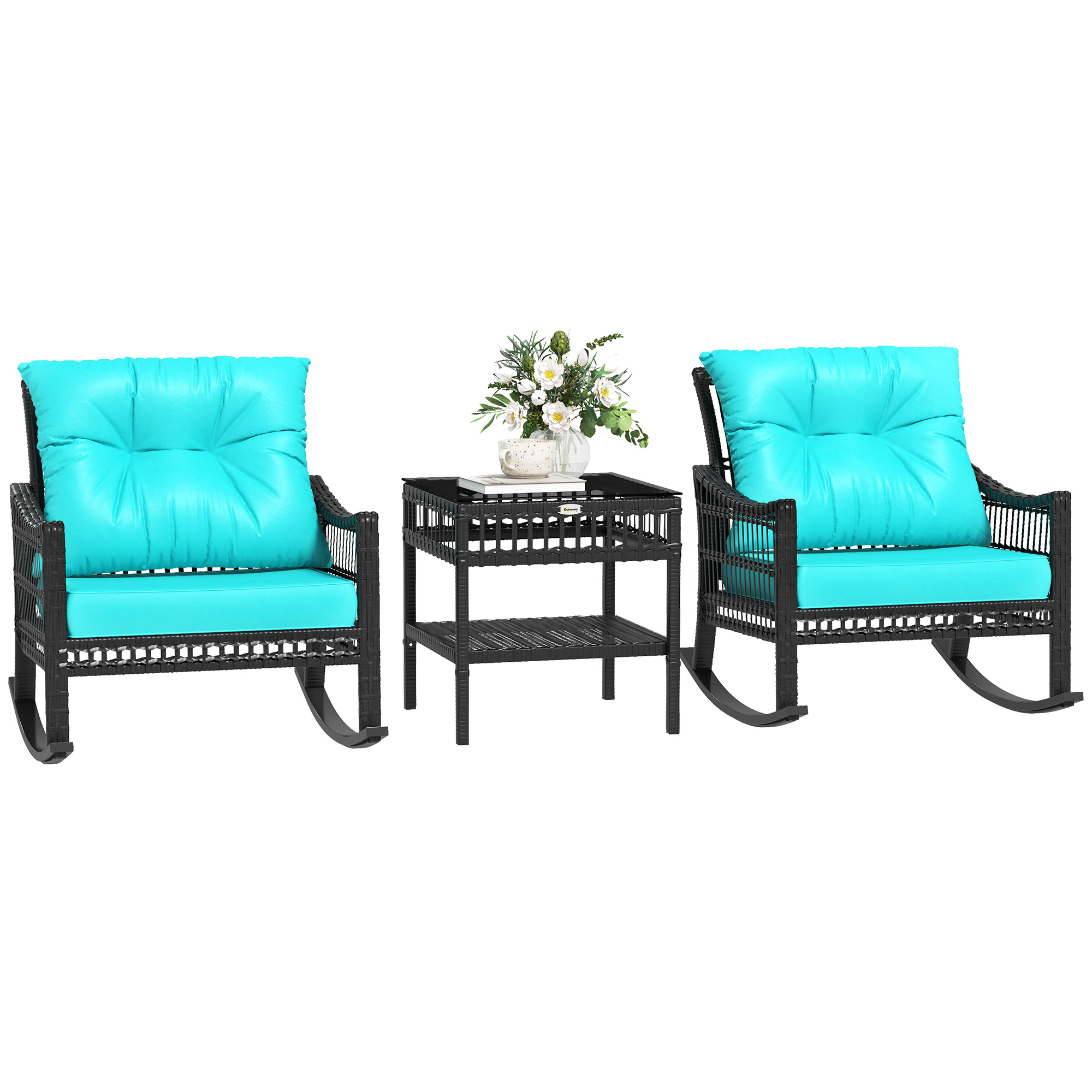 3 Piece Outdoor PE Rattan Rocker Chair Set, Rocking Chair with Tempered Glass Table Top, Turquoise Green (Drop Shipping Only, Not for Amazon)