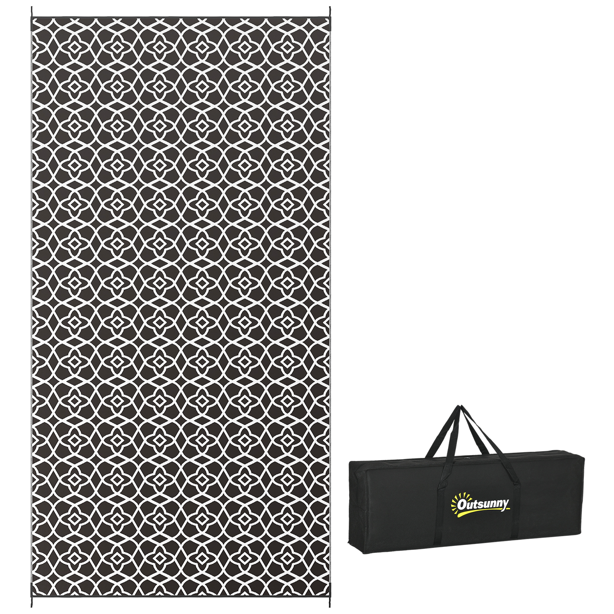 Reversible Outdoor Rug Carpet RV Camping Rugs with Carry Bag, 9' x 18', Black & White Clover (Drop Shipping Only, Not for Amazon)