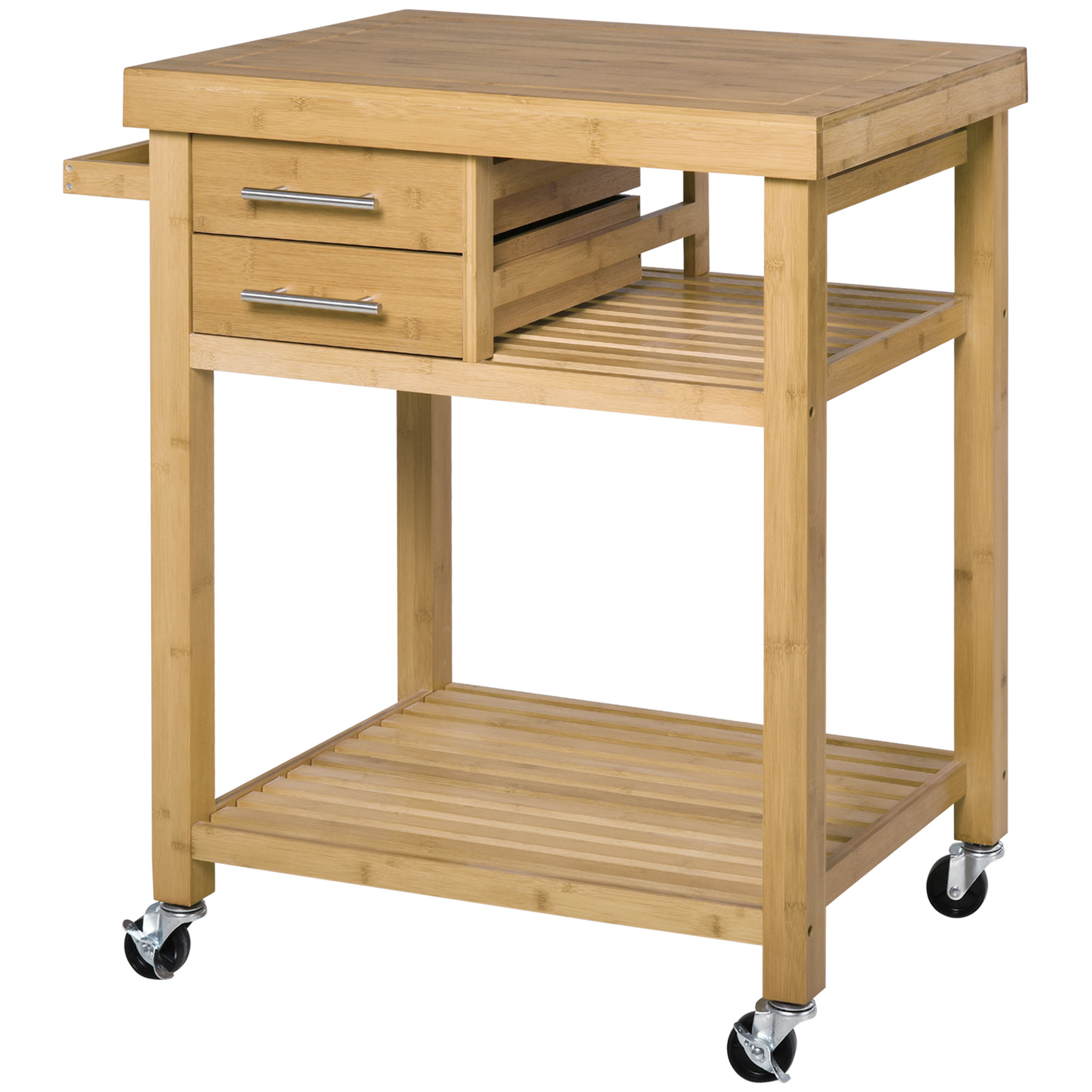 Bamboo Kitchen Island Cart on Wheels, Utility Trolley Cart with 2 Storage Drawers and Open Shelves, Bamboo Tone (Drop Shipping Only, Not for Amazon)