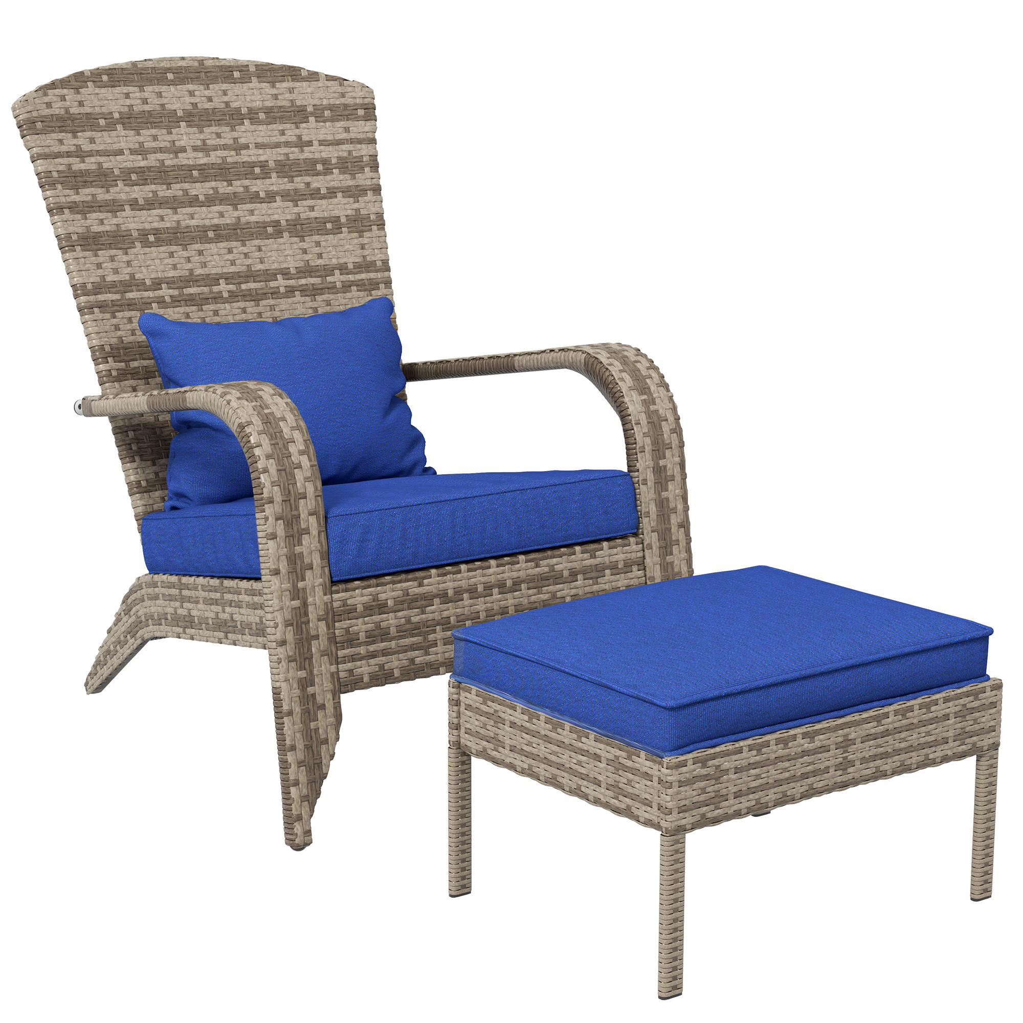 Wicker Adirondack Chair Fire Pit Chair w/ Ottoman & Cushions, Blue (Drop Shipping Only, Not for Amazon)