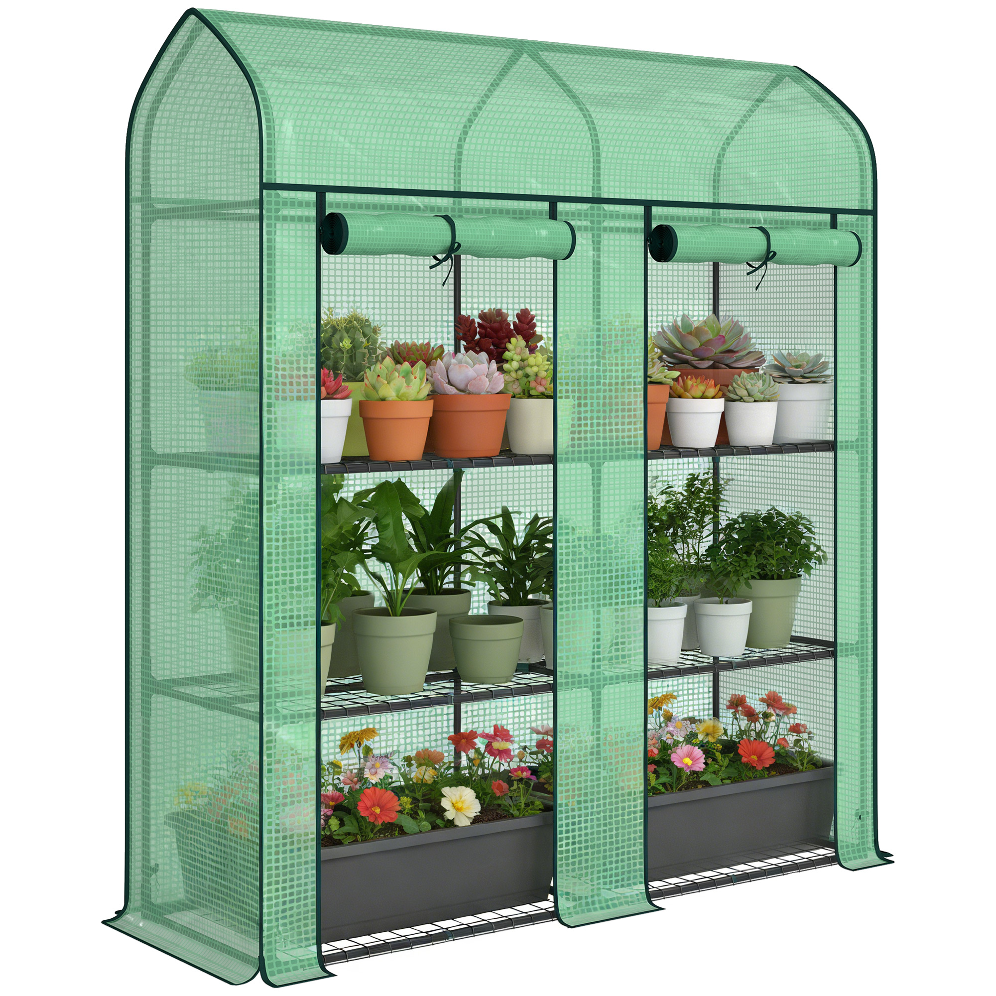 3 Tier Mini Greenhouse, Small Portable Greenhouse with 2 Roll-up Doors, 56.3