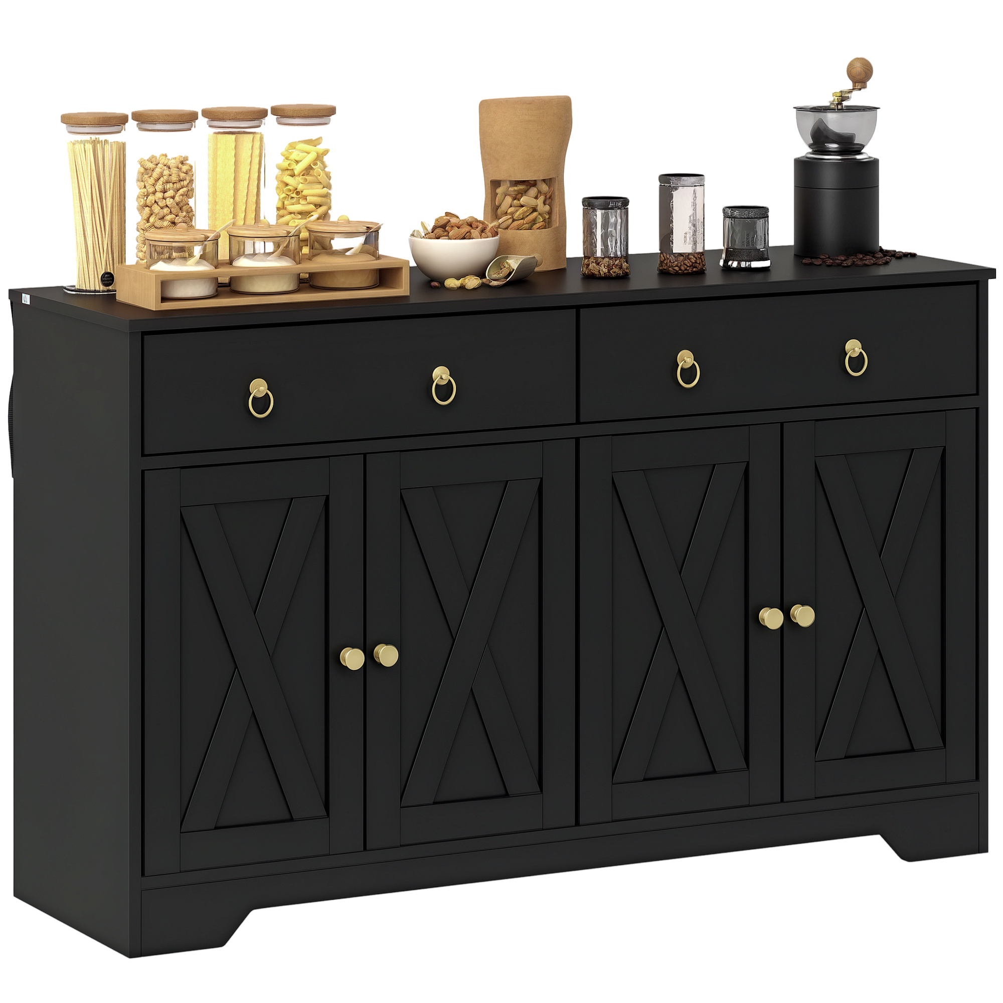Kitchen Storage Sideboard, Farmhouse Buffet Cabinet with Barn Style Doors, Drawers, Adjustable Shelves, White (Drop Shipping Only, Not for Amazon)