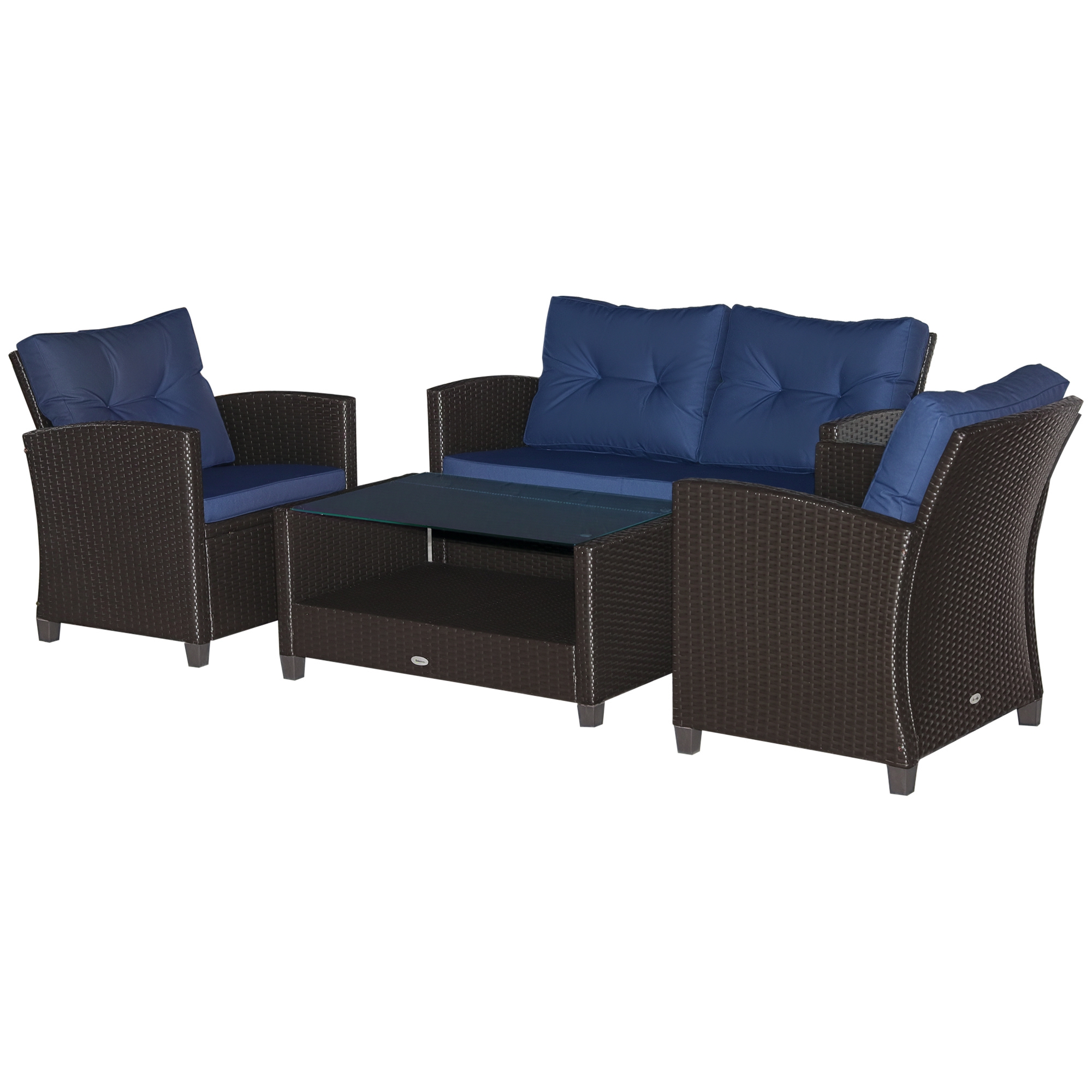 4 Pieces Patio Furniture Sets with Cushions, PE Rattan Wicker Conversation Chairs with Two-Tier Coffee Table for Backyard Porch Garden Poolside and Deck, Blue (Drop Shipping Only, Not for Amazon)