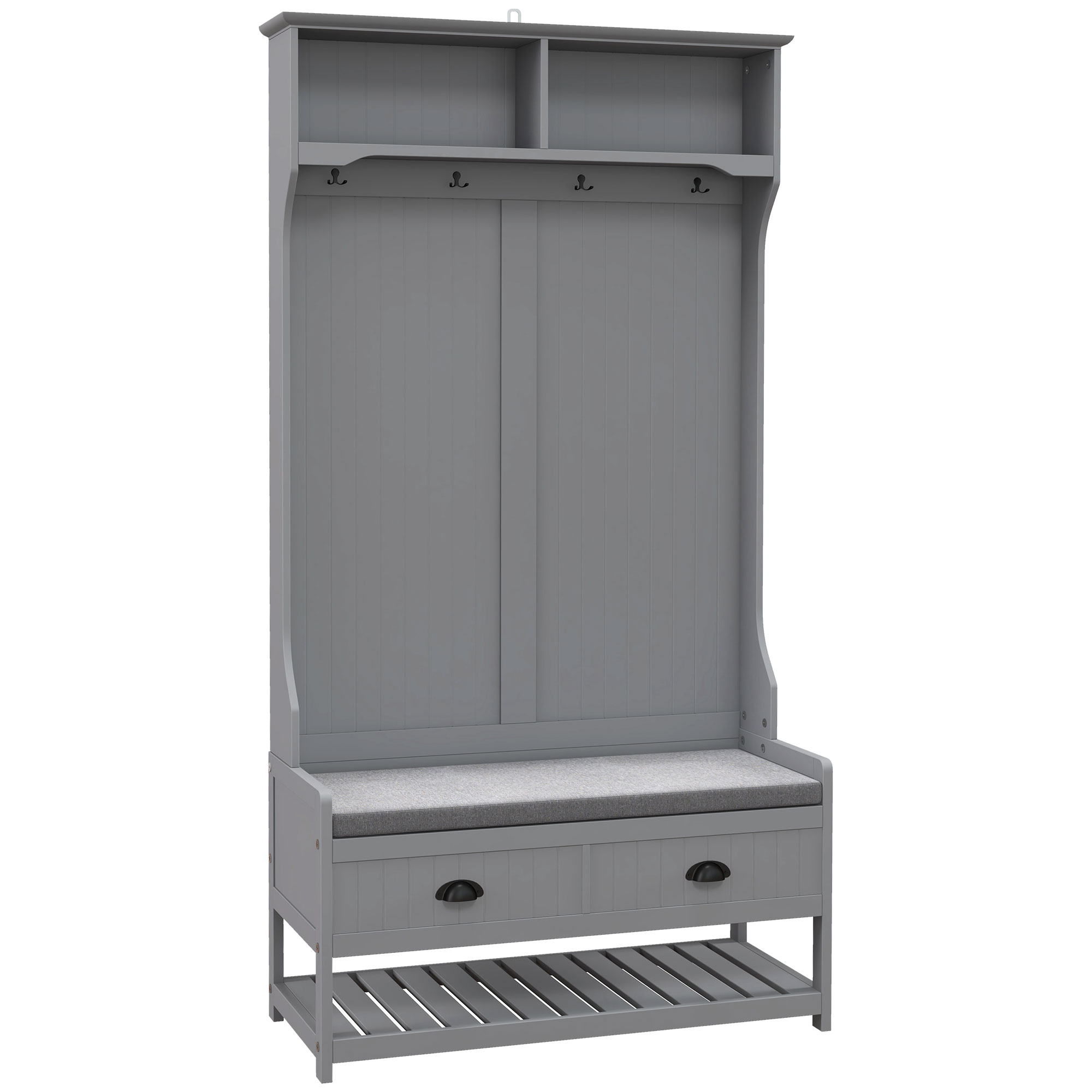 3-in-1 Hall Tree, Entryway Bench with Coat Rack, Mudroom Bench with Shoe Rack, 2 Storage Drawers, 4 Hooks and Padded Seat Cushions for Hallway, Gray (Drop Shipping Only, Not for Amazon)