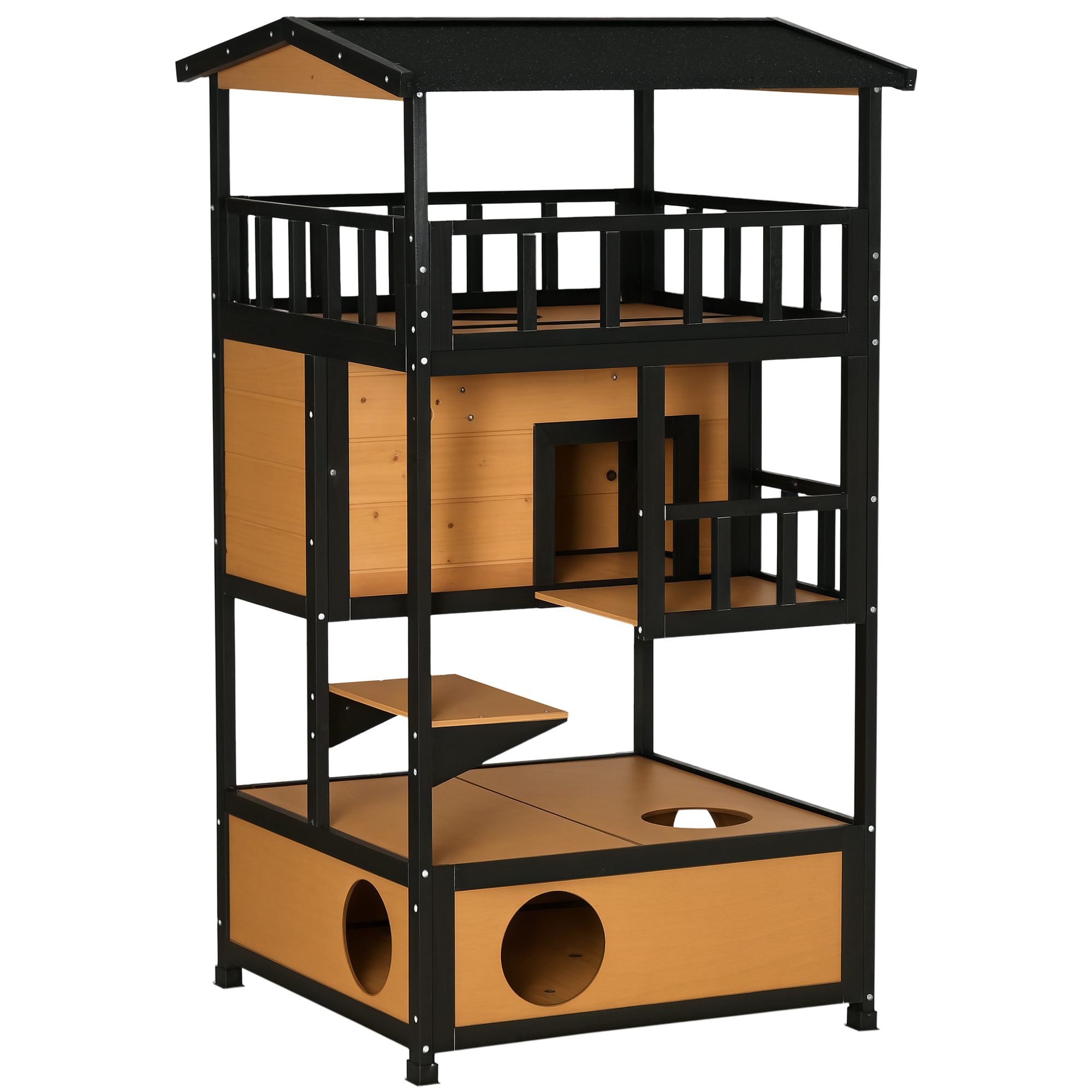 Wooden Outdoor Cat House, Feral Cat Shelter Kitten Condo with Asphalt Roof, Escape Doors, Condo, Jumping Platform, Yellow (Drop Shipping Only, Not for Amazon)