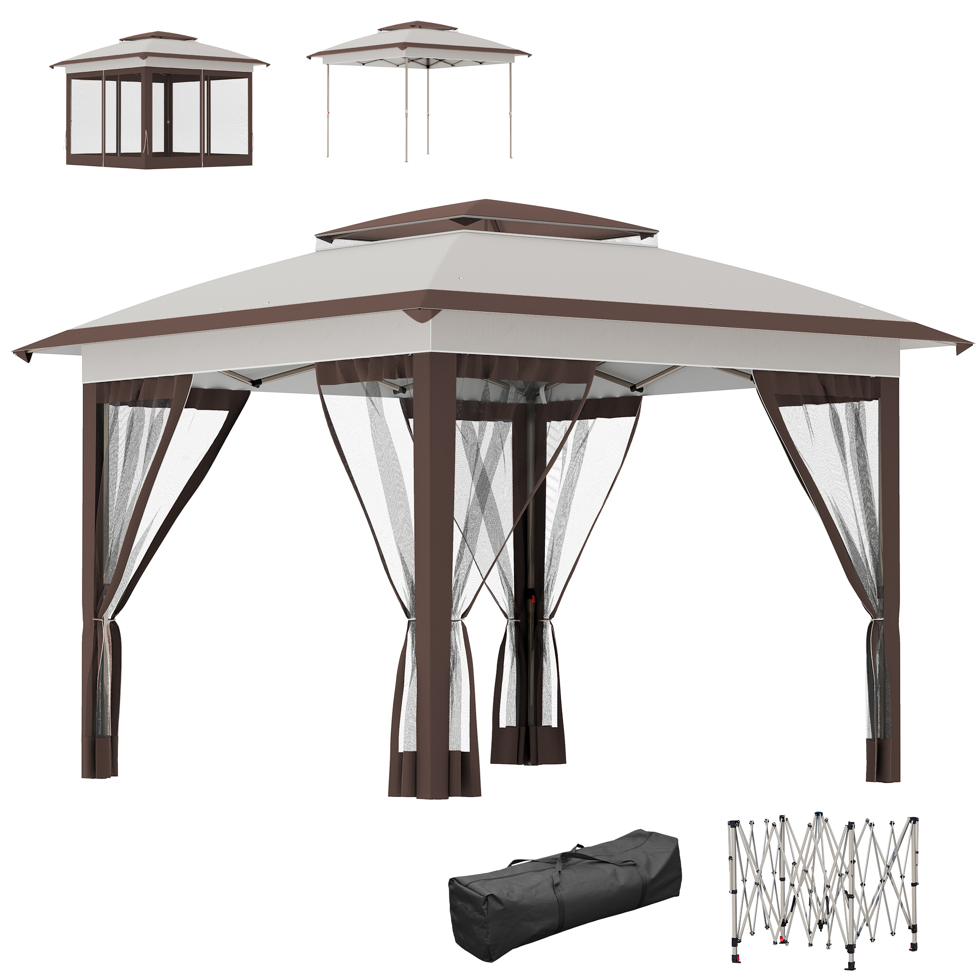 12' x 12' Pop Up Canopy Tent with Netting and Carry Bag, Instant Sun Shelter with 137 sq.ft Shade, Beige and Brown (Drop Shipping Only, Not for Amazon)