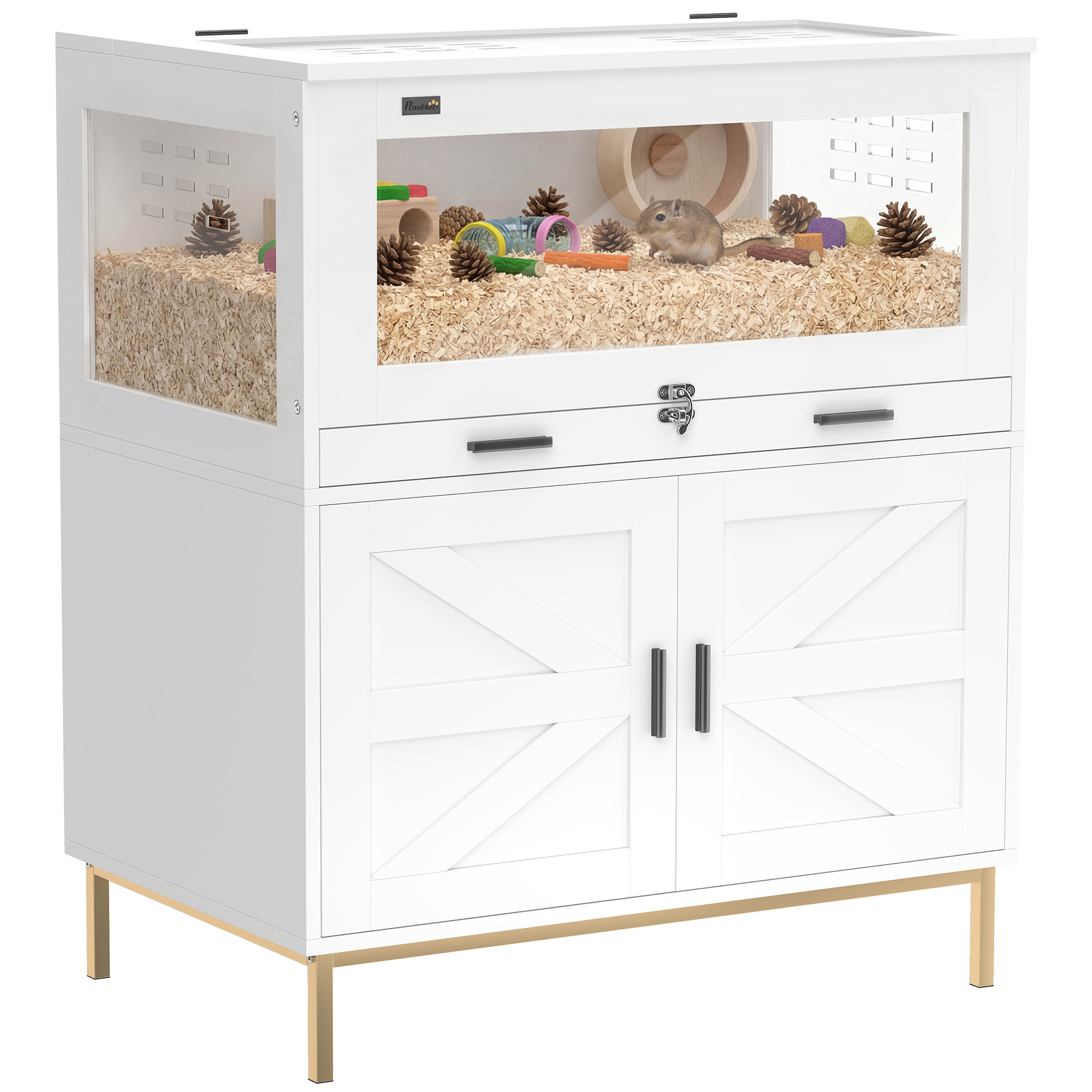 Hamster Cage with Storage Cabinet, Small Animal Cage with Pull Out Drawer and Acrylic Panels, 30