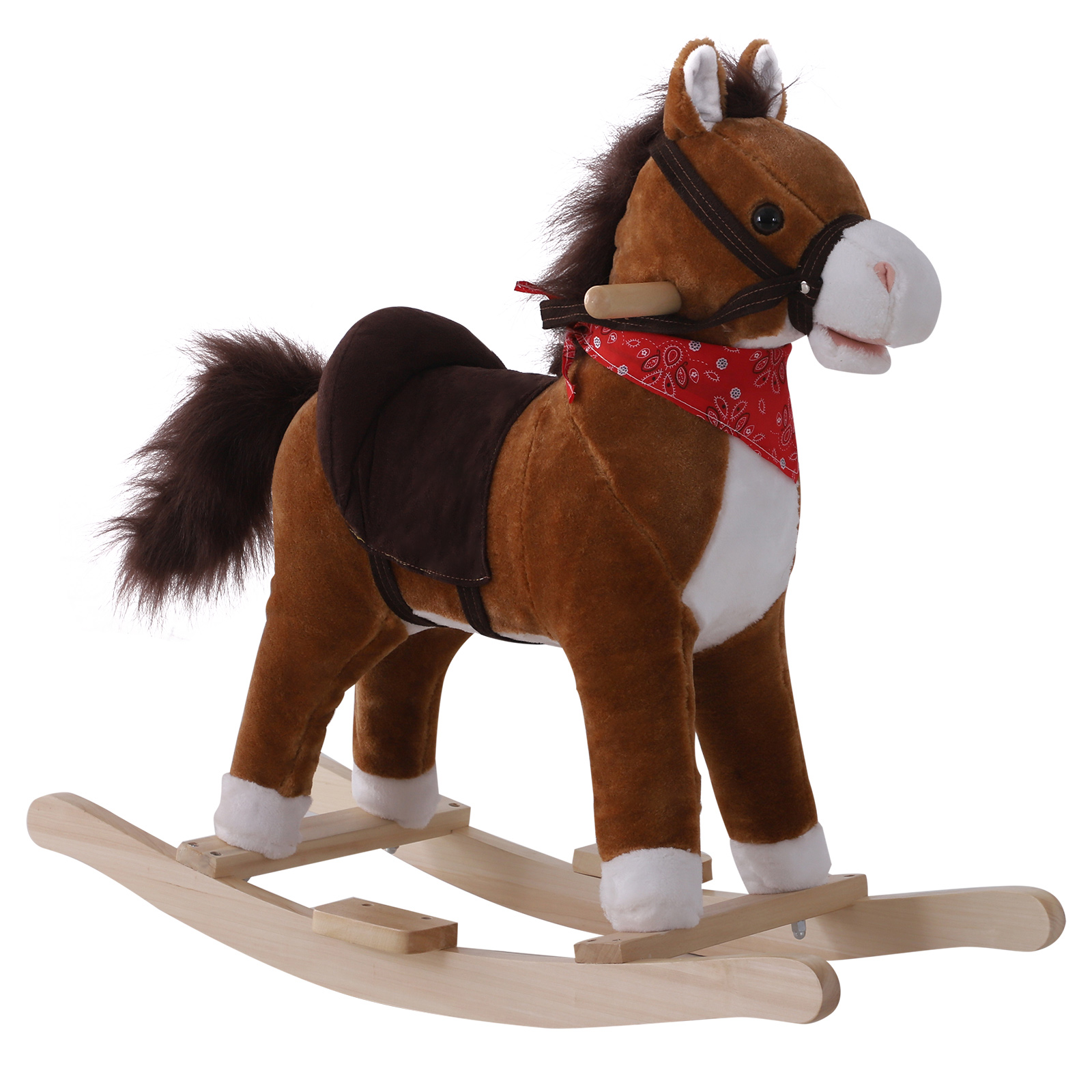 Kids Ride on Rocking Horse Plush Toy with Realistic Sounds and Red Scarf for Over 3 Years Old Birth Gift (Drop Shipping Only, Not for Amazon)