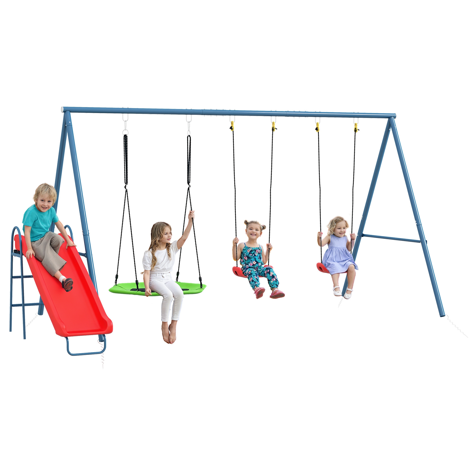 Metal Swing Set for Backyard, 3 in 1 Design with 1 Nest Swing, 2 Seats, 1 Slide, Holds Up to 352 lbs. for Ages 3-8 (Drop Shipping Only, Not for Amazon)