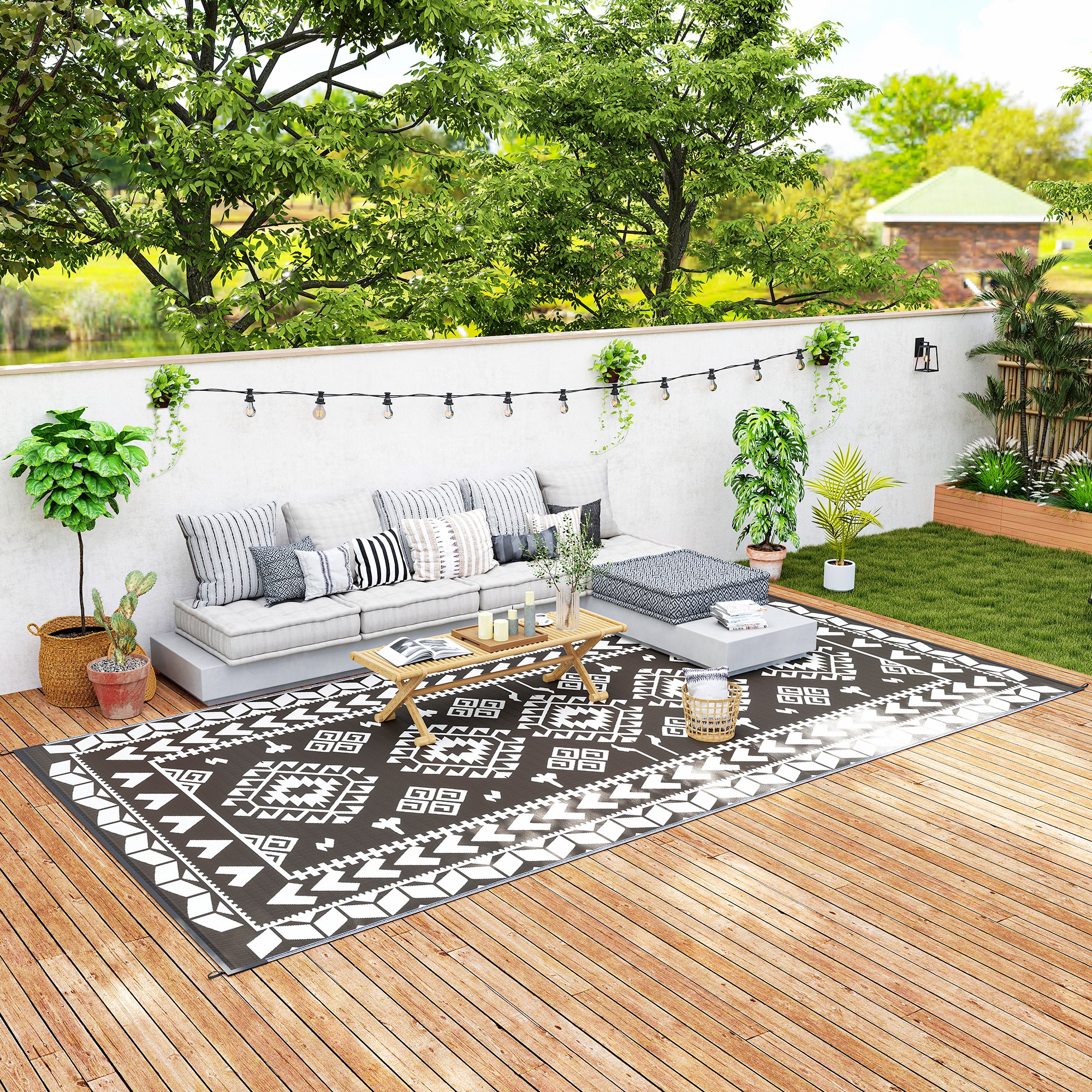 Reversible Outdoor Rug, Waterproof Plastic Straw with Carry Bag, 9' x 18', Black & White Rhombus Patchwork (Drop Shipping Only, Not for Amazon)