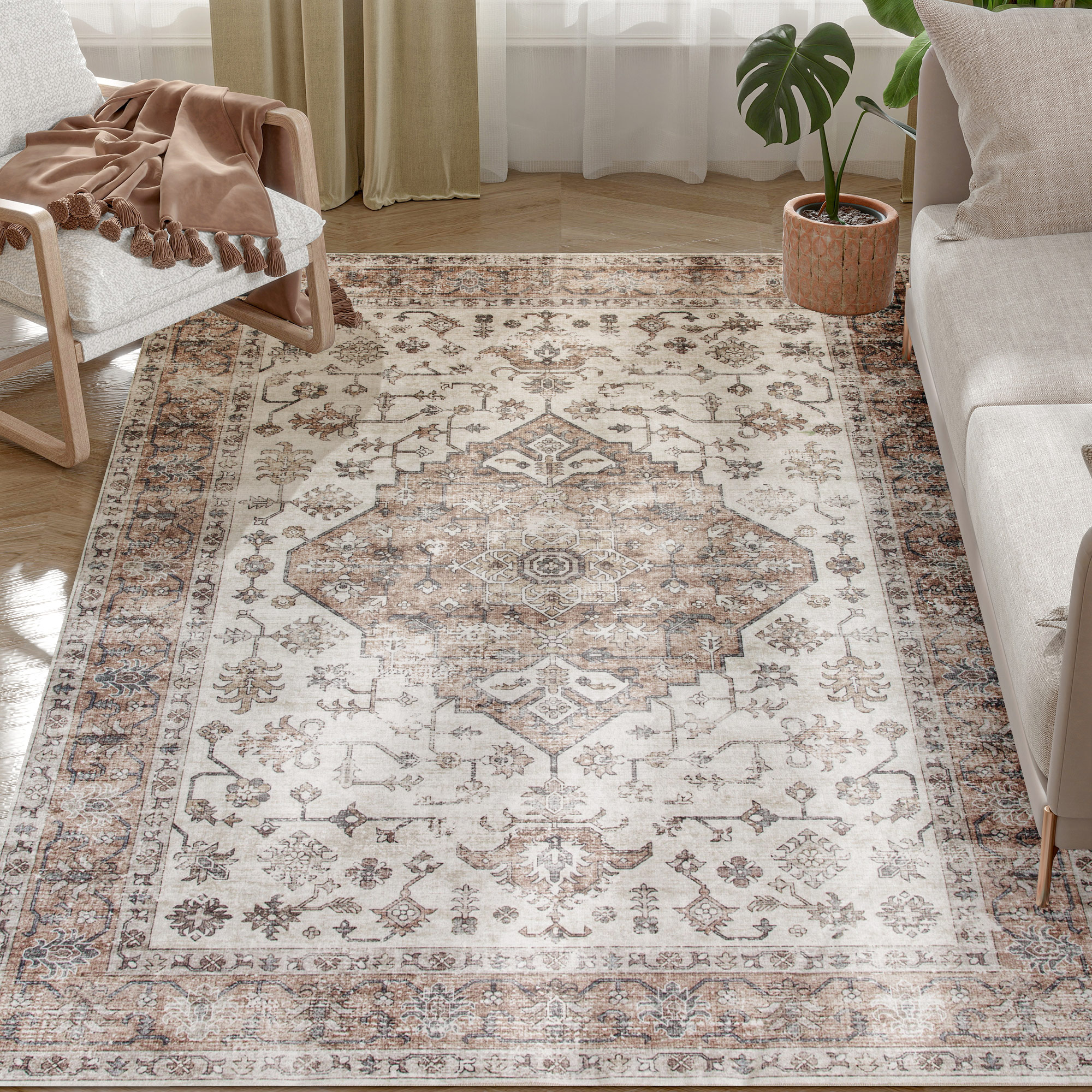 4x6 Area Rug, Vintage Machine Washable Rug, Non-Slip Floor Carpet for Living Room, Bedroom, Dining Room, Tan (Drop Shipping Only, Not for Amazon)