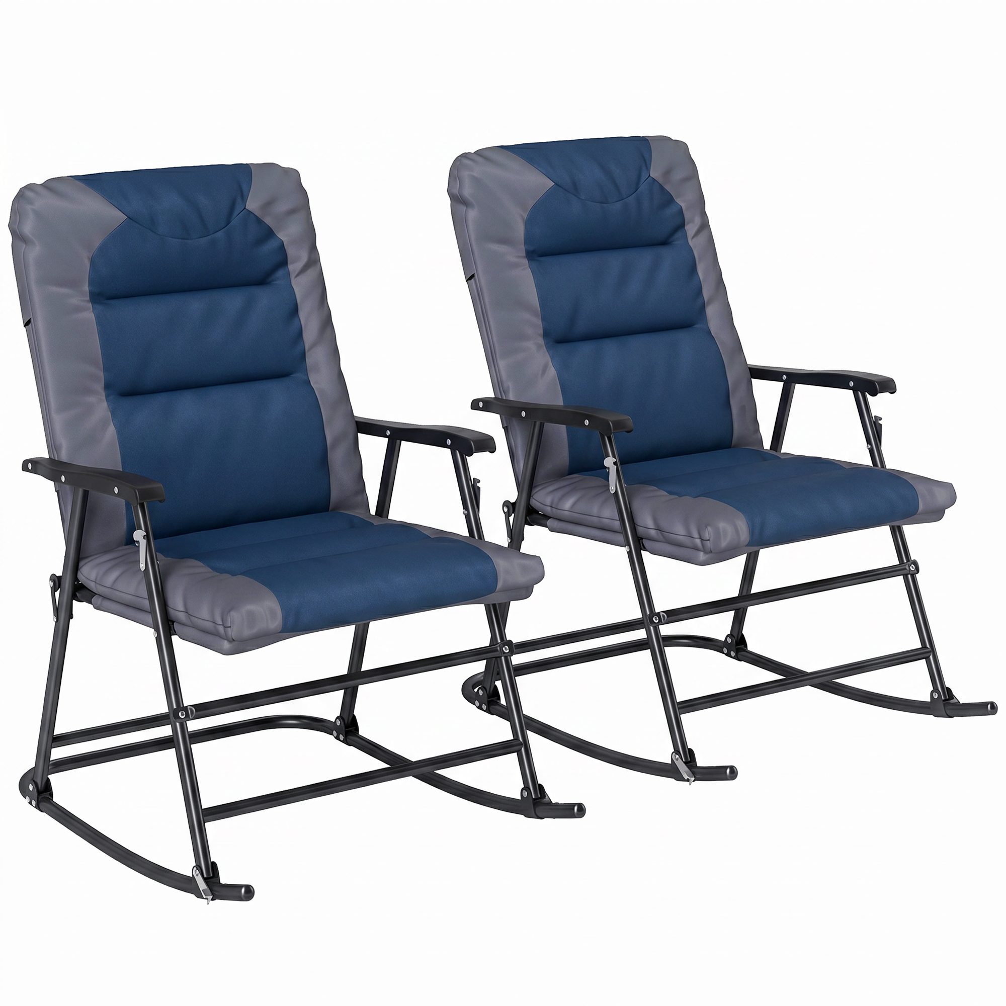 2 Piece Outdoor Patio Furniture Set with 2 Folding Padded Rocking Chairs, Bistro Style for Porch, Camping, Balcony, Navy Blue (Drop Shipping Only, Not for Amazon)