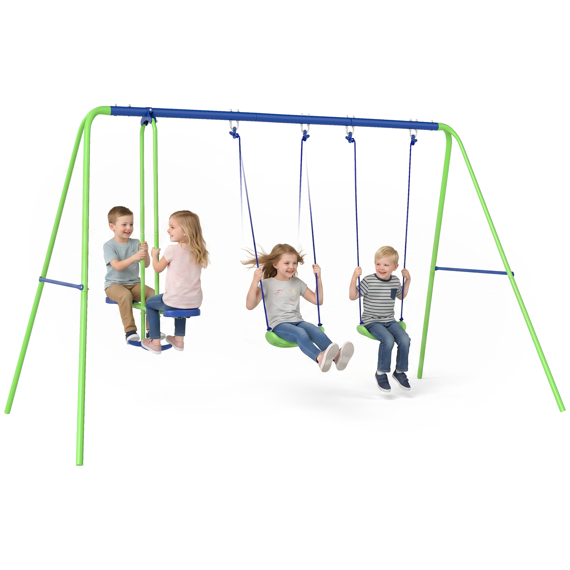 Metal Swing Set, with Seesaw, Adjustable Height, for Ages 3+ Years, Green (Drop Shipping Only, Not for Amazon)