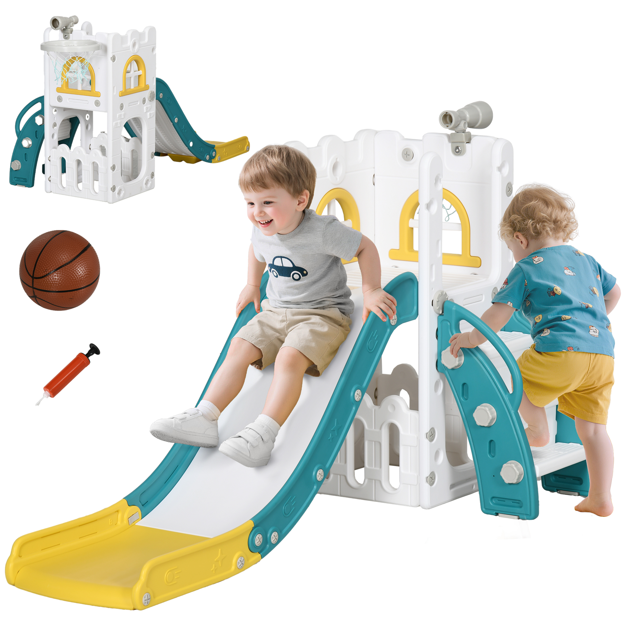 5 in 1 Toddler Slide with Basketball Hoop, Climber, Telescope, Storage Basket, for Ages 1-3 Years, Yellow (Drop Shipping Only, Not for Amazon)
