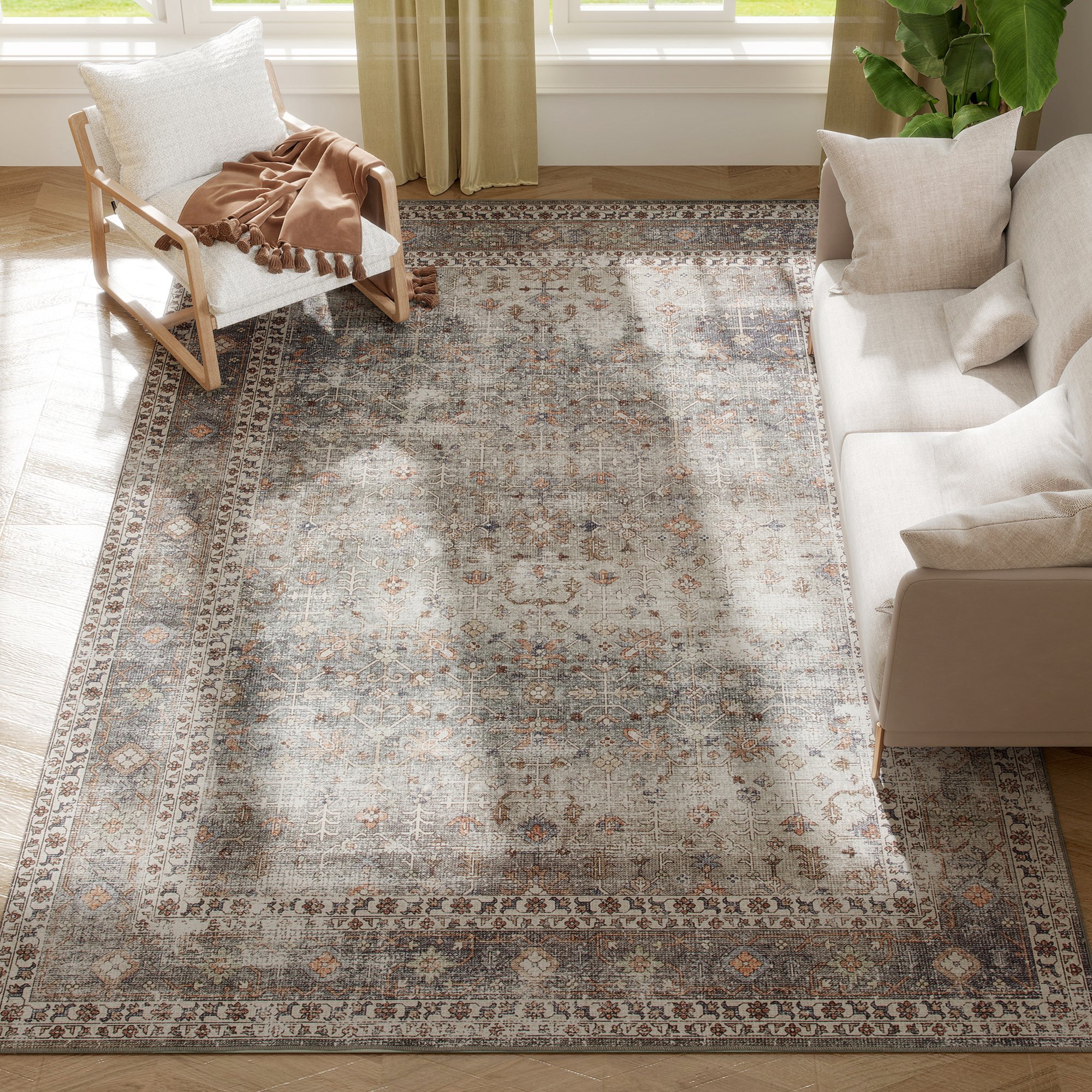Machine Washable Area Rug 8x10, Non-Slip Traditional Floor Cover Foldable Carpet for Living Room, Dark Mixed-Brown (Drop Shipping Only, Not for Amazon)