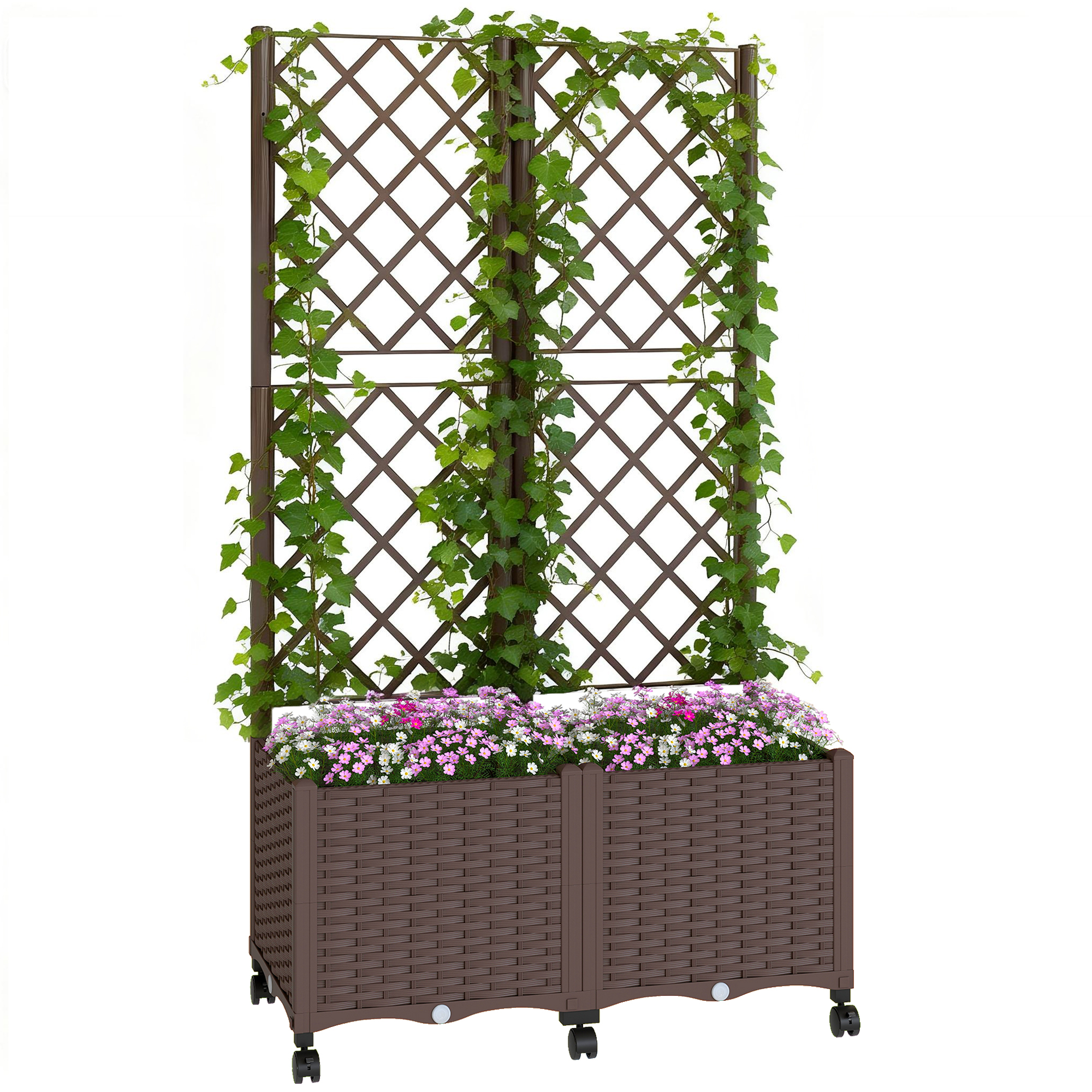 Planter Box with Trellis, Self Watering Raised Garden Bed with Lockable Wheels and Drainage Holes, Brown (Drop Shipping Only, Not for Amazon)