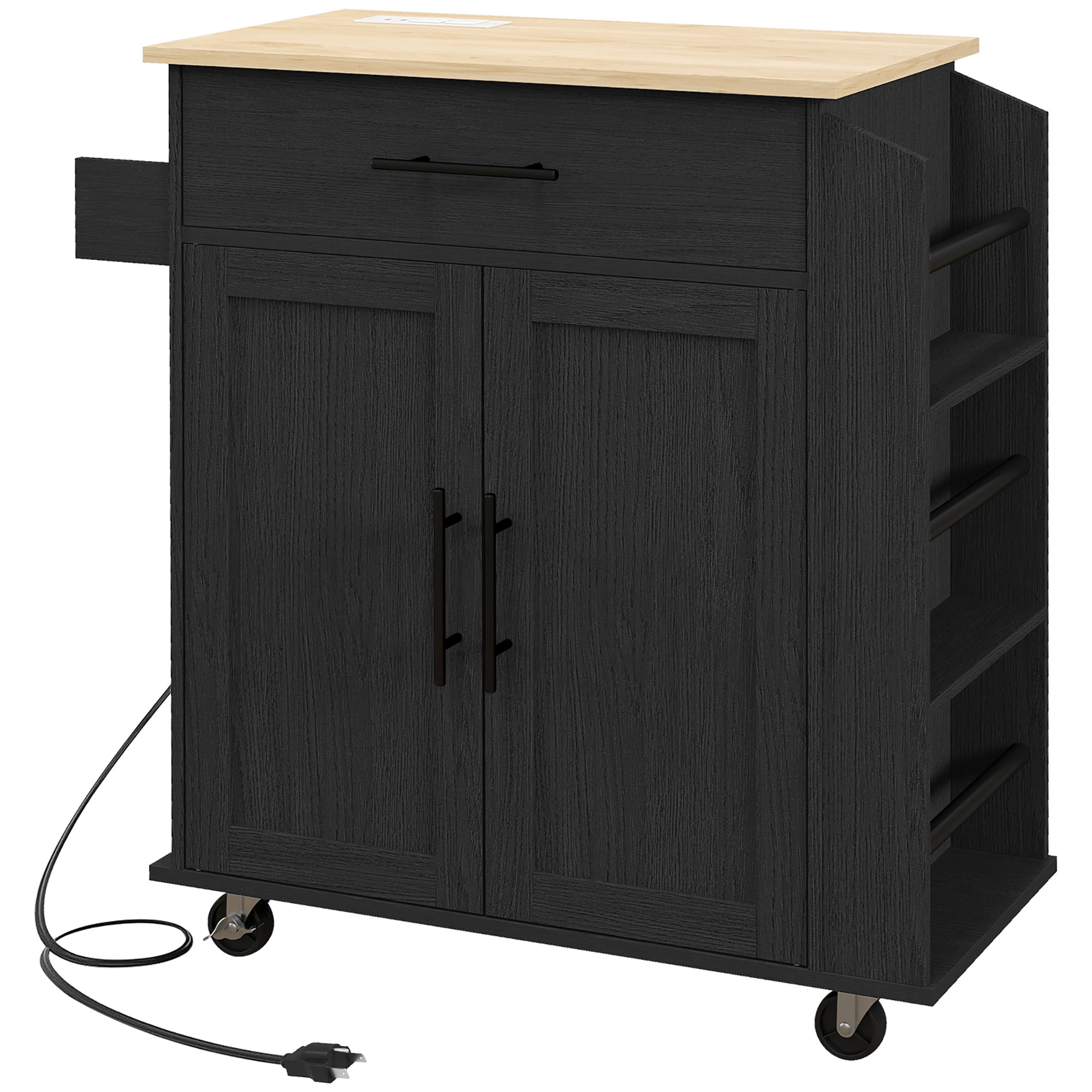 Rolling Island with Wheels for Kitchen, Kitchen Island on Rollers with Power Outlets, Drawer, and Doors, Black (Drop Shipping Only, Not for Amazon)
