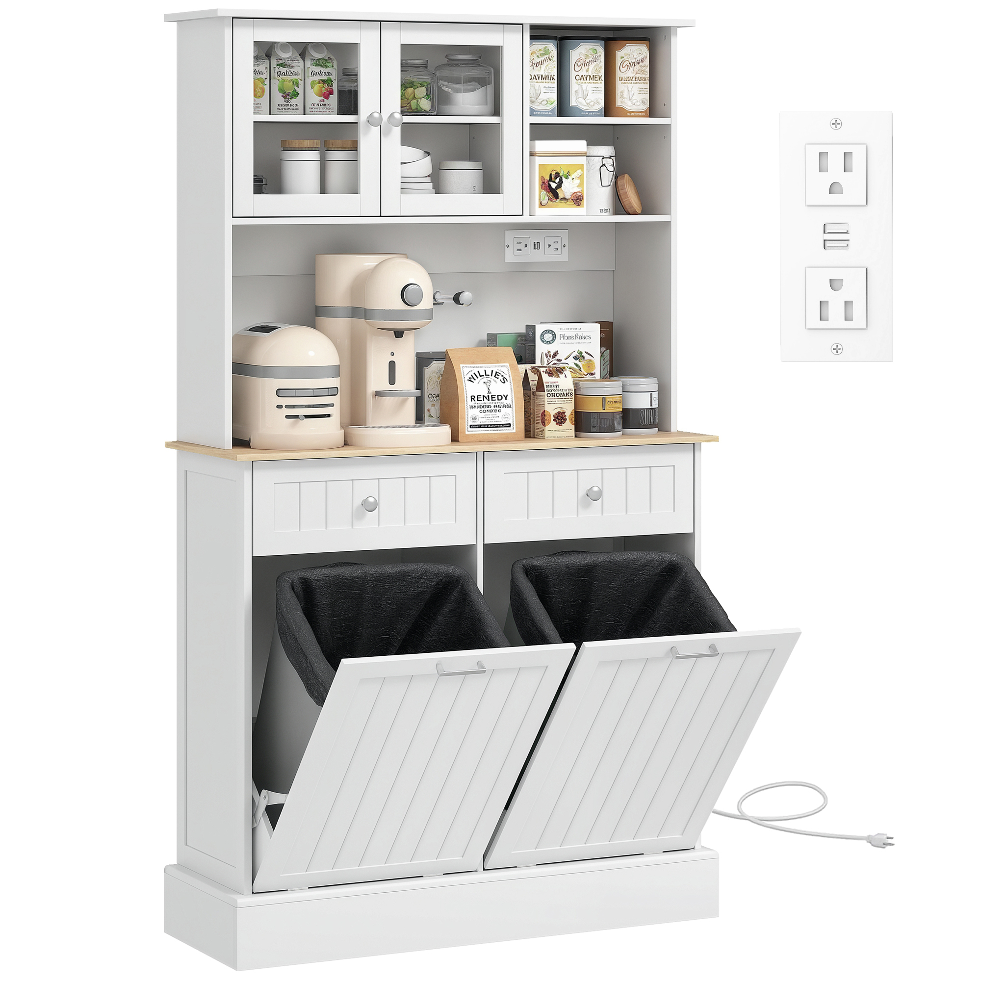 Kitchen Cabinet with Charging Station, 2 Tilt Out Cabinets, Microwave Stand, Freestanding Kitchen Pantry Cabinet, Gray (Drop Shipping Only, Not for Amazon)