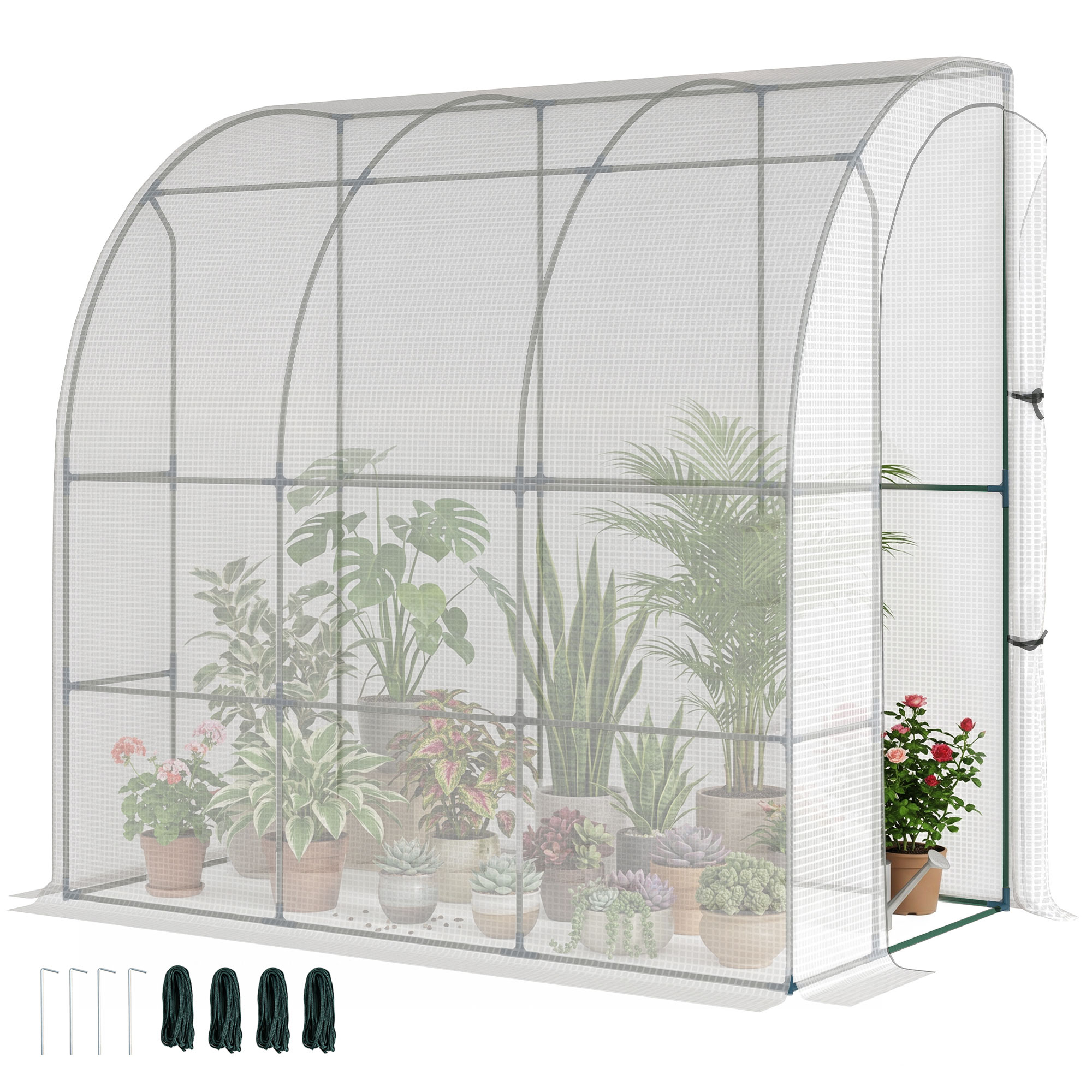 7' x 4' x 7' Outdoor Lean to Greenhouse, Walk-In Green House Plant Nursery with Roll-up Window, PE Cover, White (Drop Shipping Only, Not for Amazon)