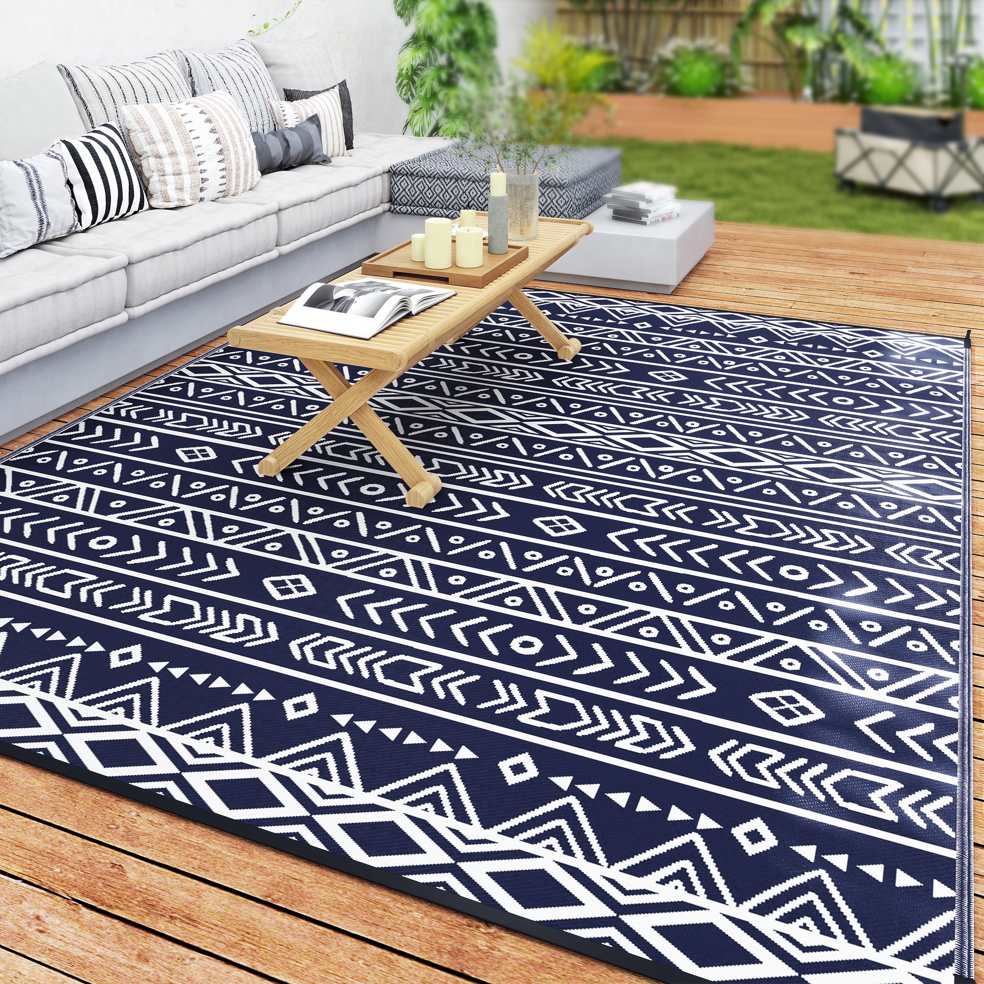 Reversible Outdoor Rug, Waterproof Plastic Straw with Carry Bag, 8' x 10', Blue & White Geometric (Drop Shipping Only, Not for Amazon)