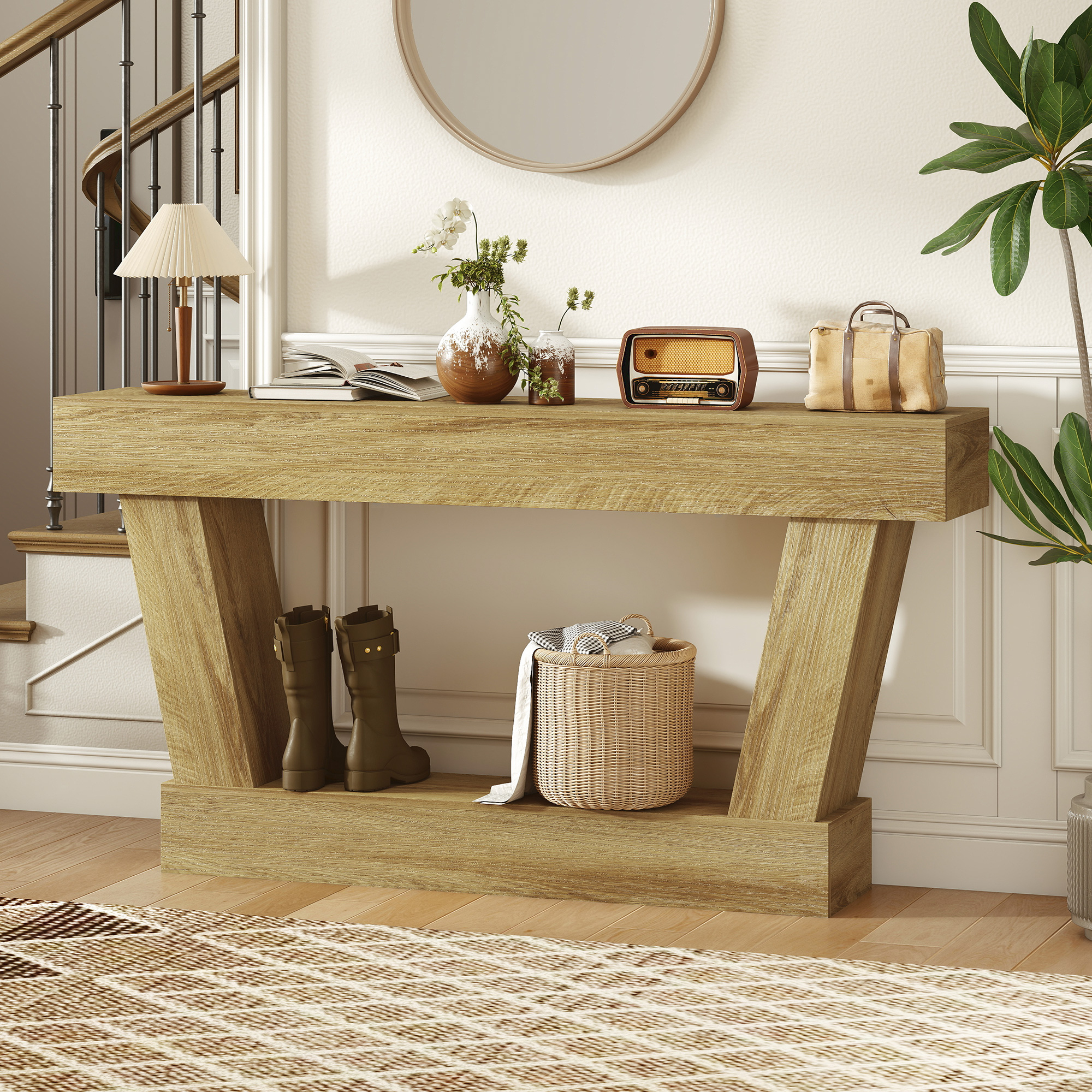 63 Inch Vintage Console Table, Narrow Entryway Table with Open Shelf for Living Room, Oak (Drop Shipping Only, Not for Amazon)