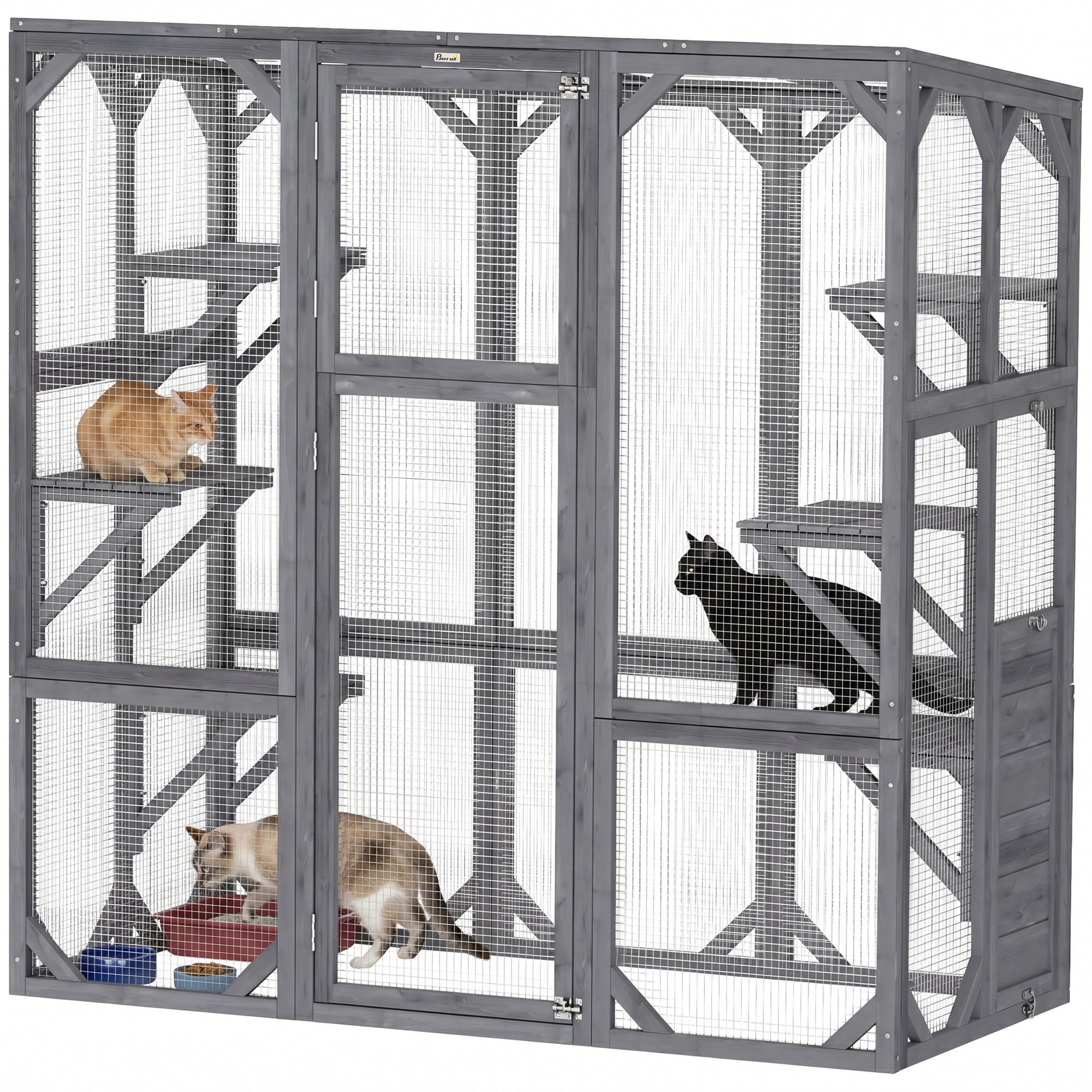 Large Wooden Catio Outdoor with 6 Jumping Platforms, Weatherproof Roof, for 1-3 Cats, 59