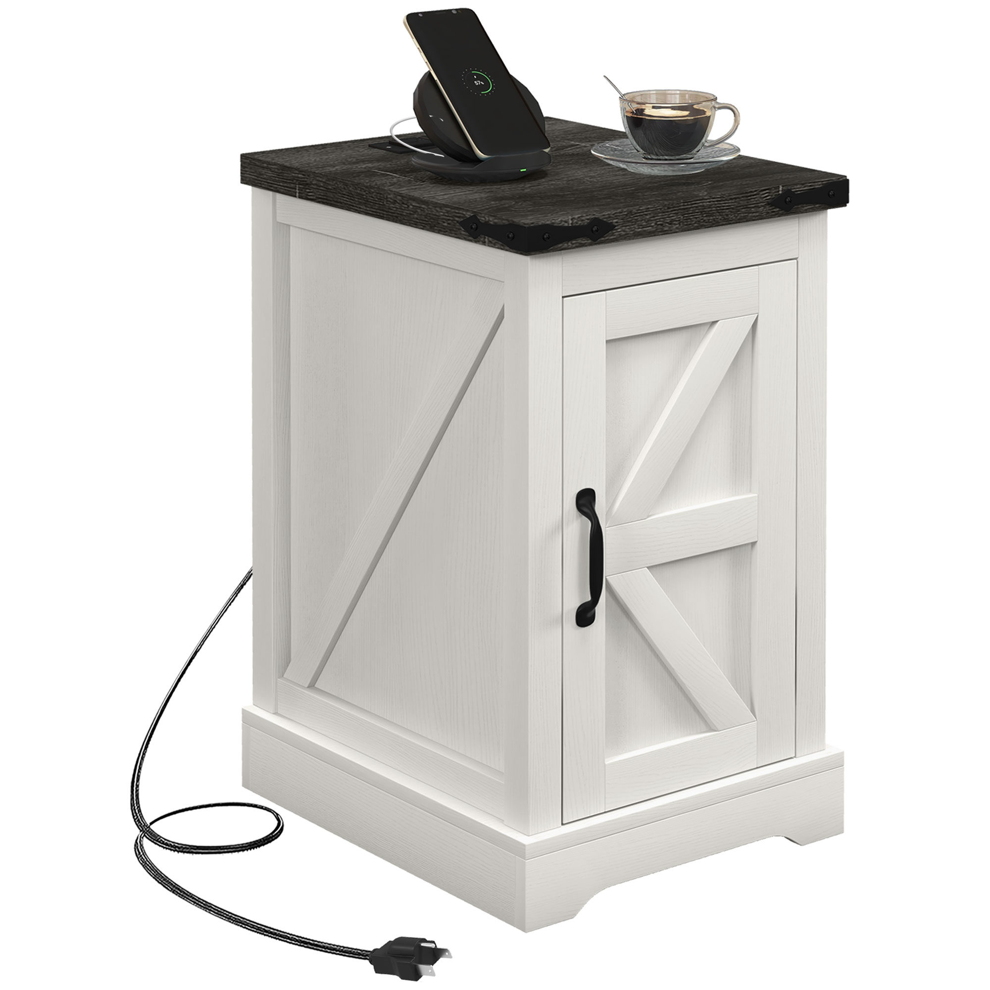 Farmhouse End Table with Storage, Side Table with Charging Station and USB Ports for Living Room, Distressed White (Drop Shipping Only, Not for Amazon)