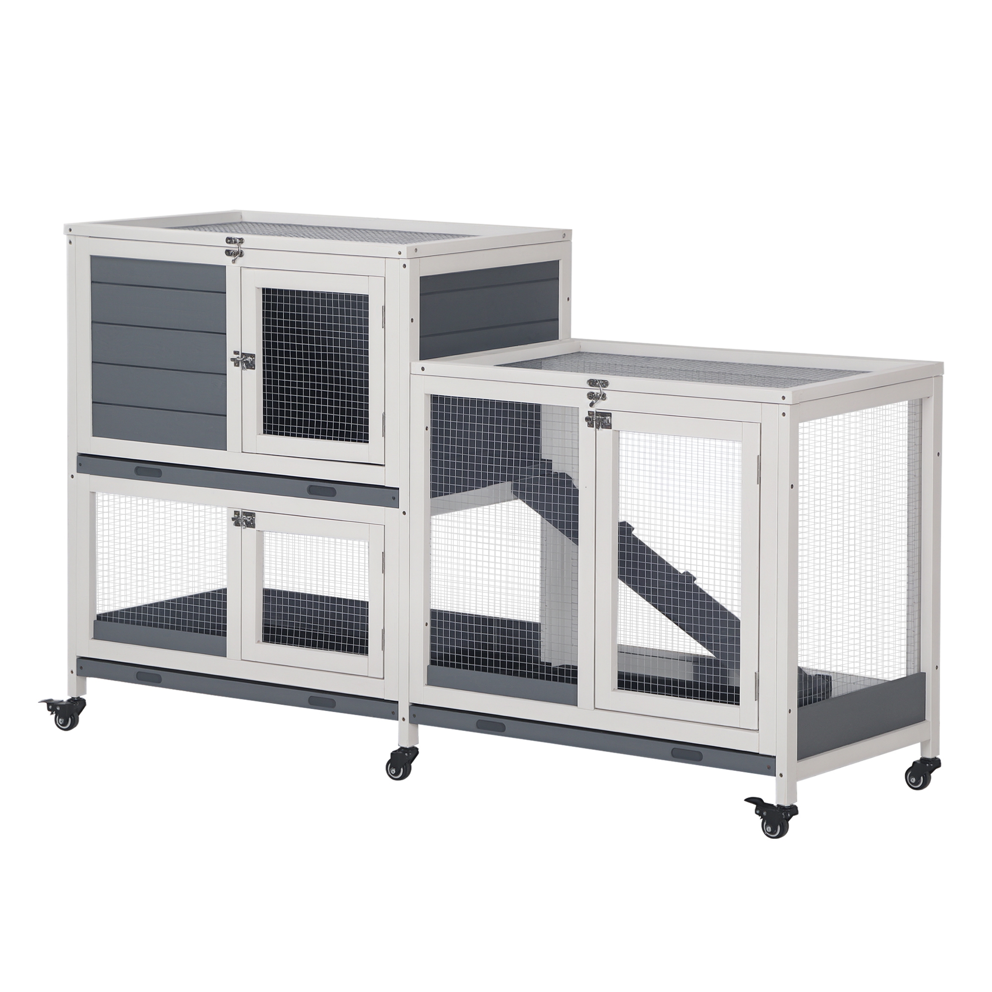Wooden Rabbit Hutch Bunny Hutch Elevated Pet House Cage Small Animal Habitat with No Leak Tray Lockable Door Openable Top for Rabbits, Chickens, Ducks, Indoor 57.75