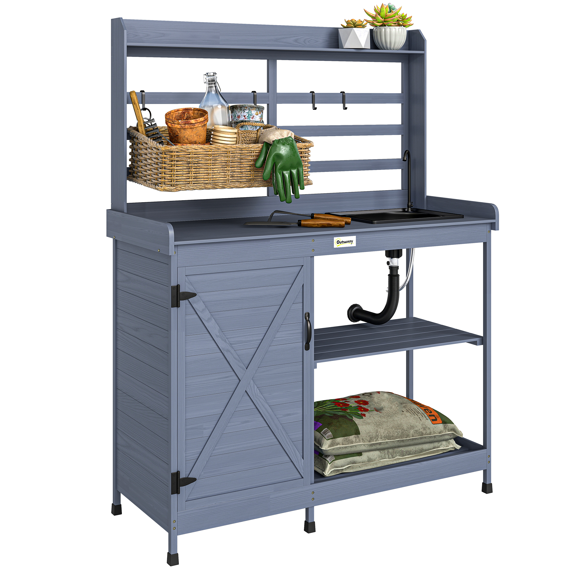 Wooden Potting Bench with Storage, Sink, Water Tap for Backyard, Patio, Balcony, Gray (Drop Shipping Only, Not for Amazon)