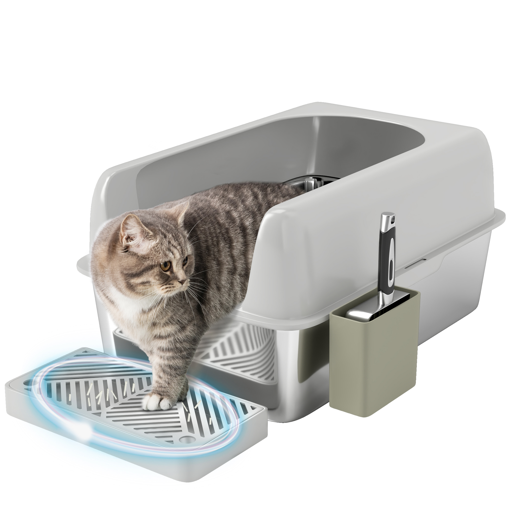 High Sided Stainless Steel Litter Box with Metal Scoop & Scoop Holder, for Easy Clean& Anti-Urine Leakage, Light Gray (Drop Shipping Only, Not for Amazon)