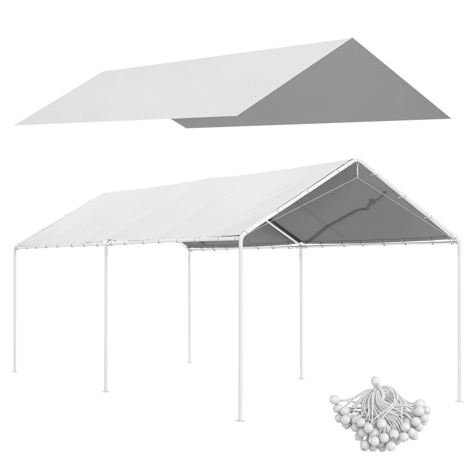 10 x 20ft Carport Roof, UV Resistant Canopy Replacement Cover with Ball Bungee Cords, White (Drop Shipping Only, Not for Amazon)