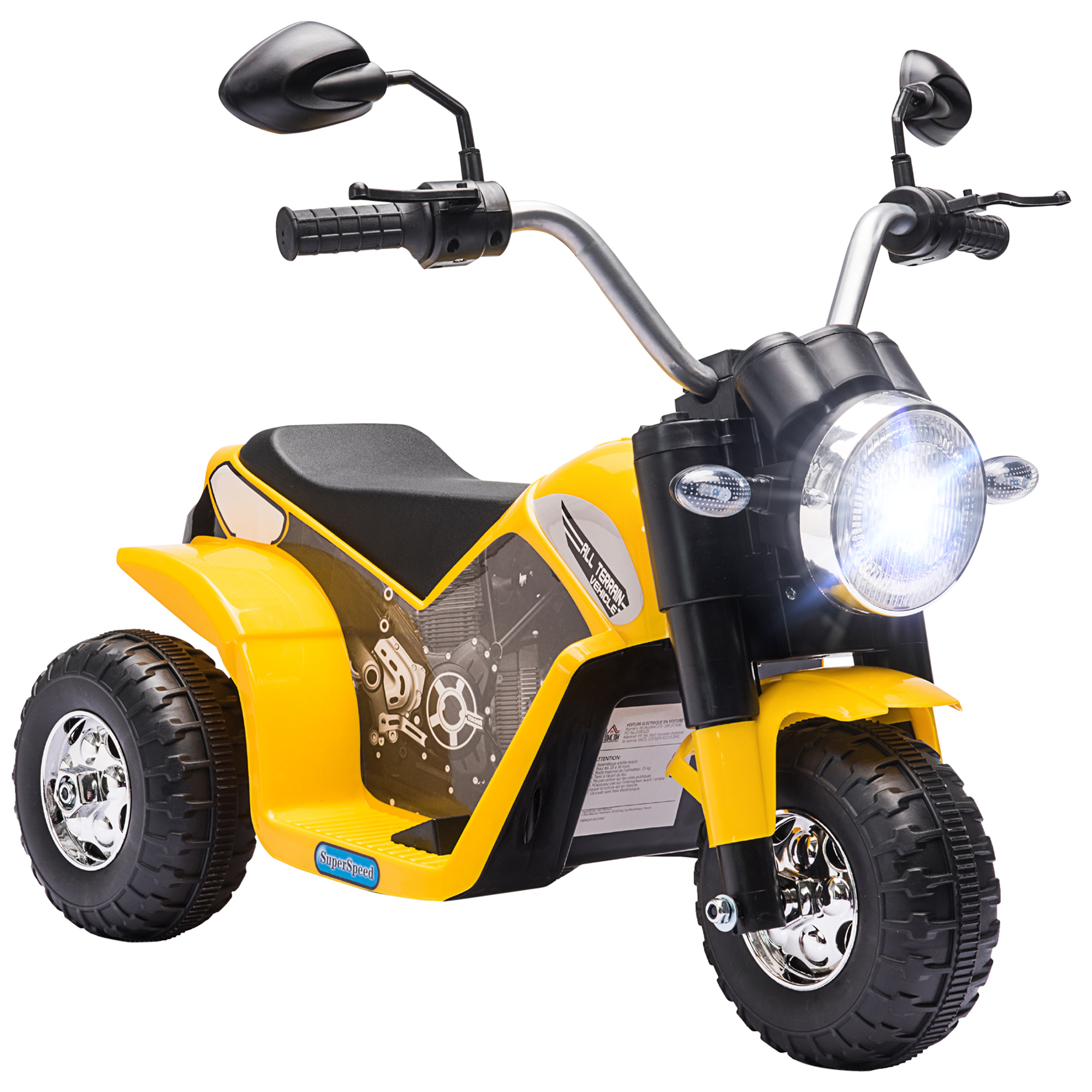 Electric Motorcycle for Kids, 6V Battery Powered Ride-On Dirt Bike 3-Wheels Motorbike with Horn Headlights Realistic Sounds Speed for 18 - 36 Months Yellow (Drop Shipping Only, Not for Amazon)
