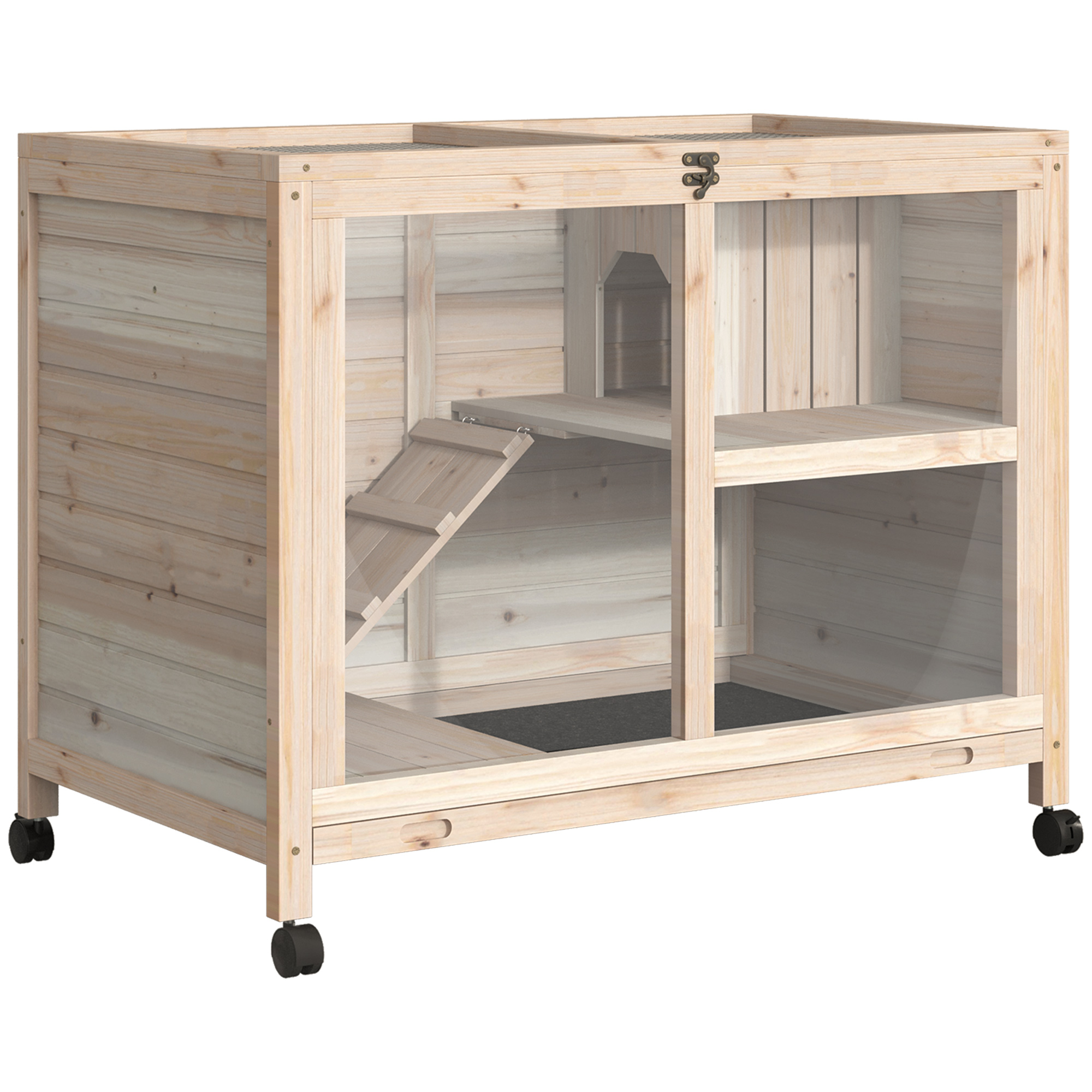Rabbit Hutch with Wheels, Desk and Side Table Sized, Wooden Rabbit Cage, Waterproof Small Bunny Cage with Removable Tray, Openable Roof, for Rabbits, Chickens, Ducks, Indoor/Outdoor, Natural (Drop Shipping Only, Not for Amazon)