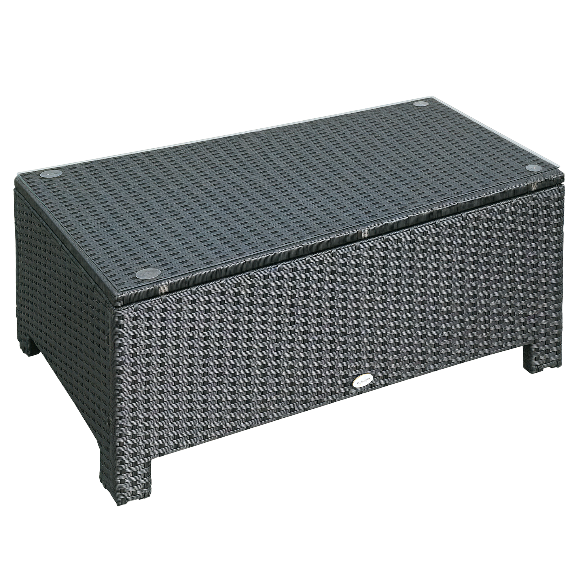 PE Rattan Coffee Table, Rectangular Outdoor Coffee Table with Tempered Glass Top, 70 KG Capacity for Garden, Balcony, Terrace, Patio, Black (Drop Shipping Only, Not for Amazon)