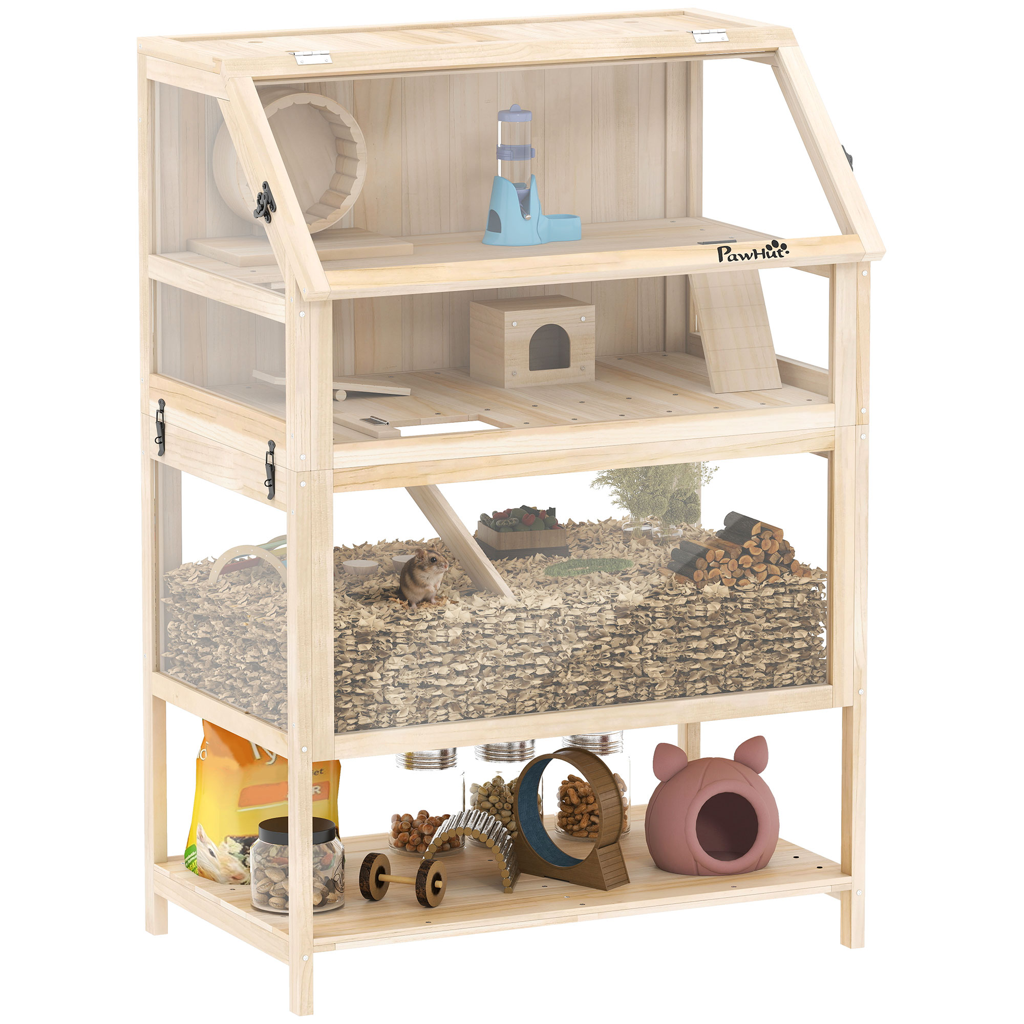 Wooden Hamster Cage with Detachable Lower Floor, Storage Shelf, Hut, Seesaw, Exercise Wheel, Ramps for Hamster (Drop Shipping Only, Not for Amazon)