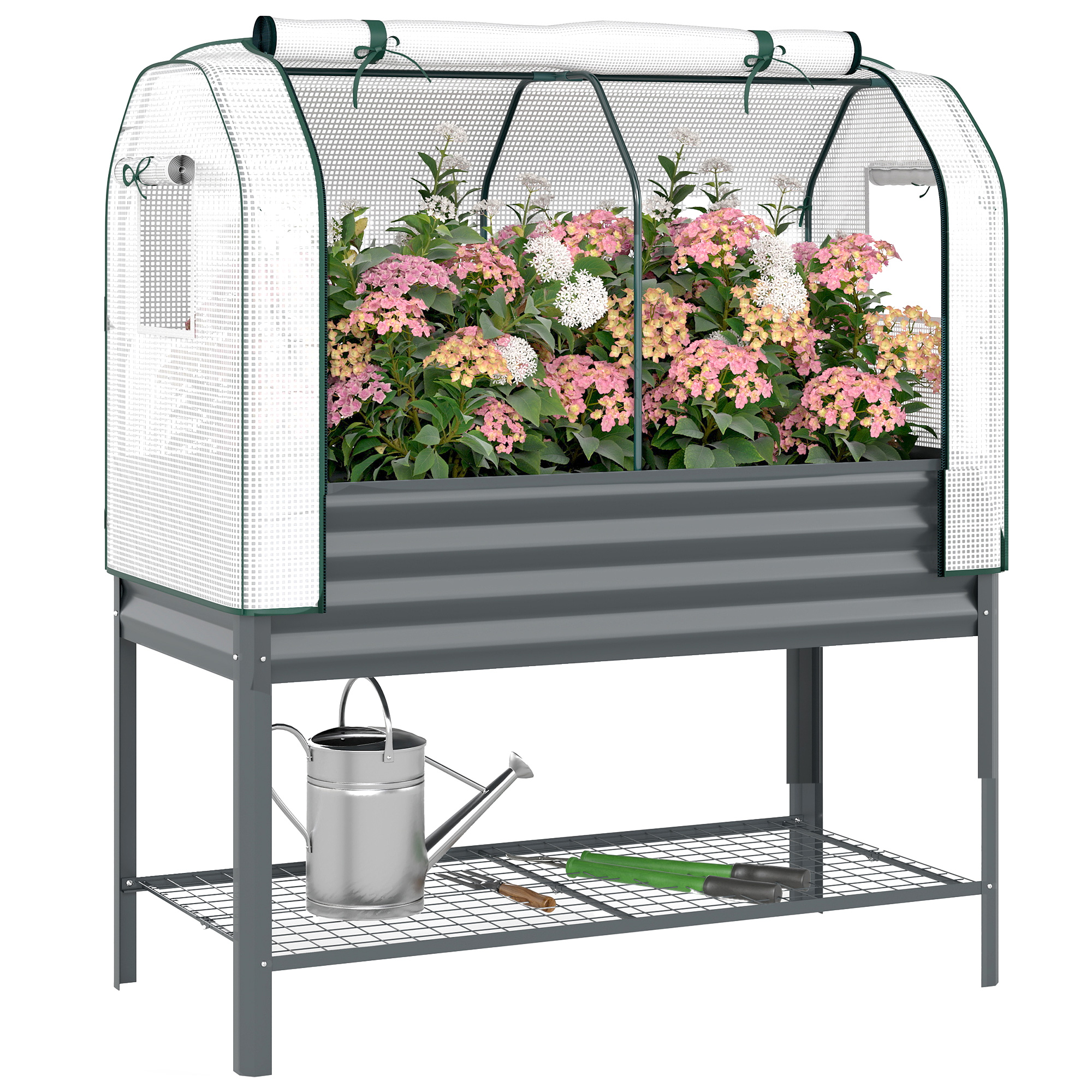 Galvanised Raised Planter with Greenhouse Cover, Metal Raised Garden Bed on Legs with Bed Liner and Bottom Shelf (Drop Shipping Only, Not for Amazon)