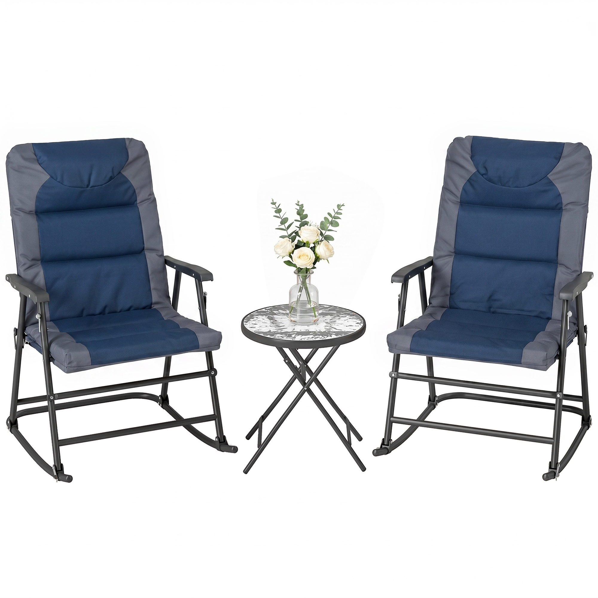 3 Piece Outdoor Folding Rocking Chair and Table Set - Blue and Grey (Drop Shipping Only, Not for Amazon)